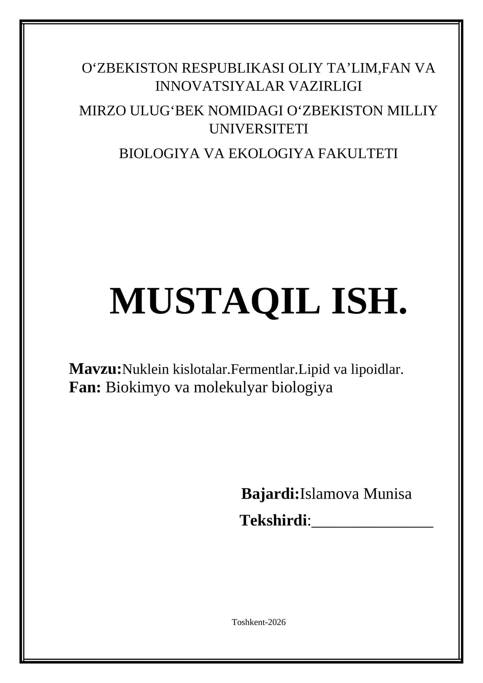 Nuklein kislotalar.Fermentlar.Lipid va lipoidlar