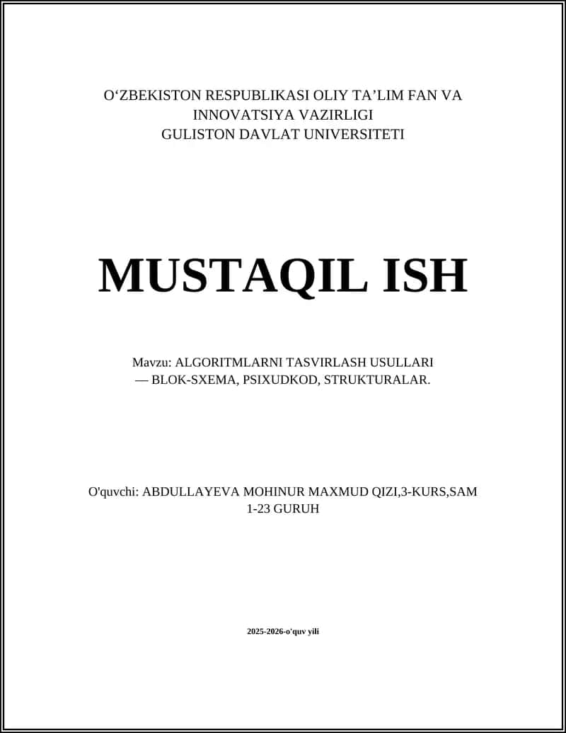 ALGORITMLARNI TASVIRLASH USULLARI