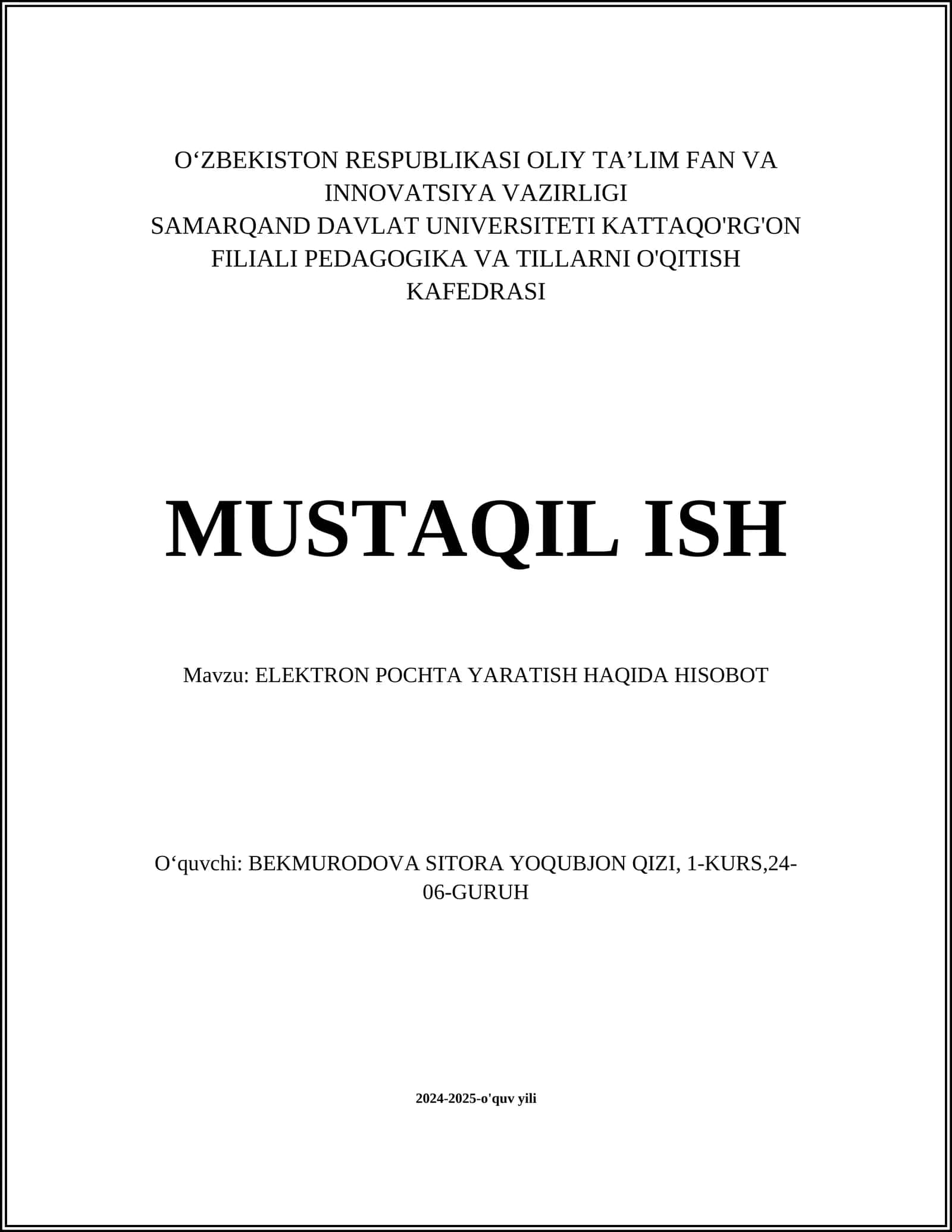 ELEKTRON POCHTA YARATISH HAQIDA HISOBOT