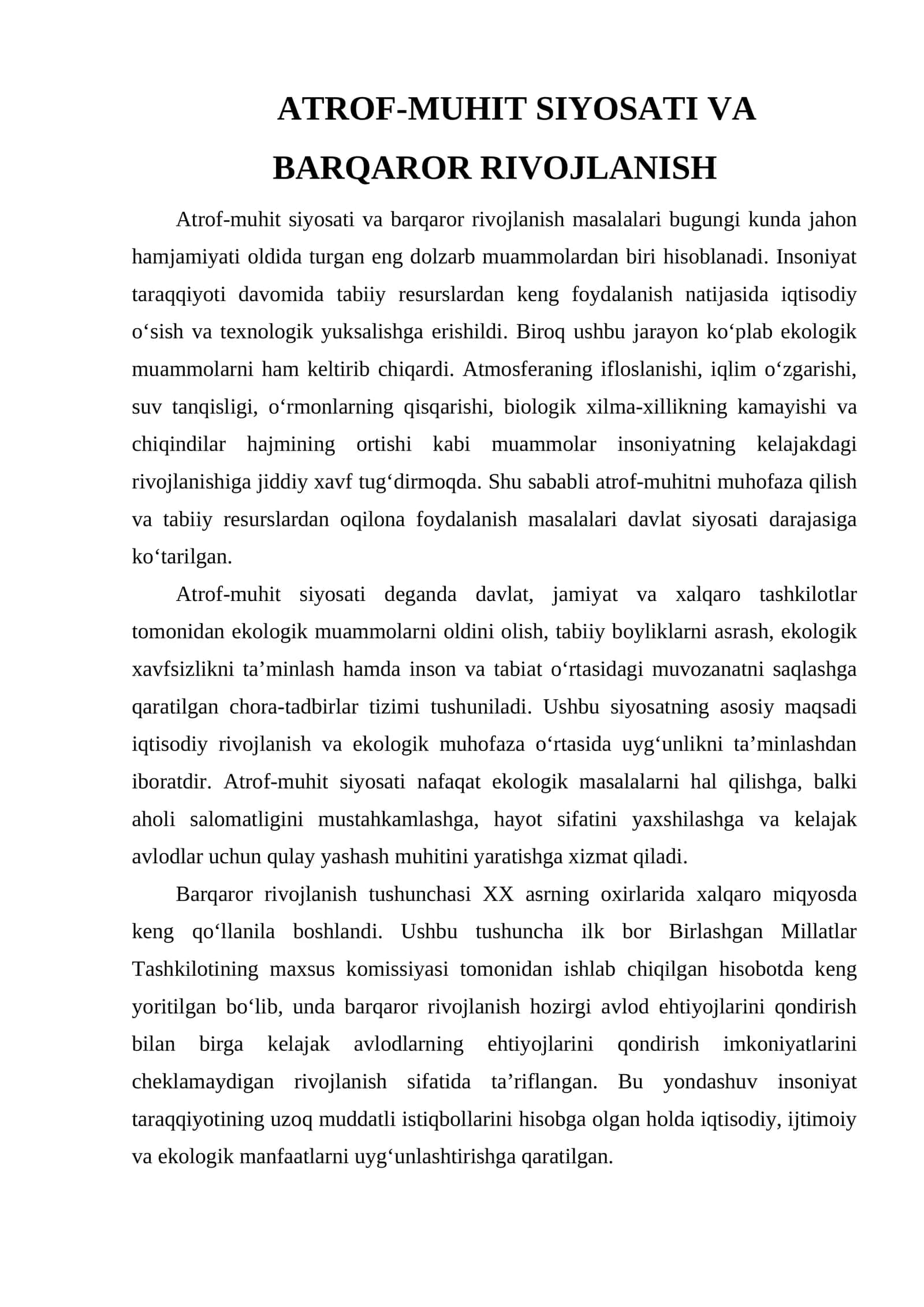 ATROF-MUHIT SIYOSATI VA BARQAROR RIVOJLANISH