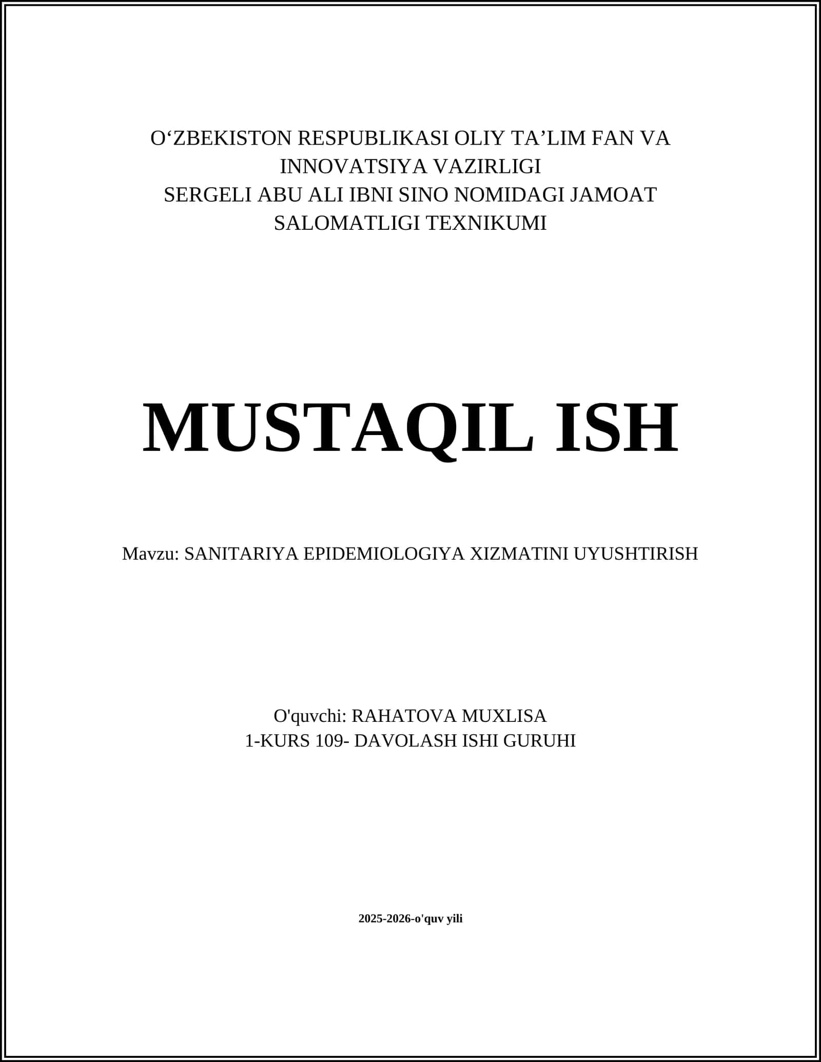 SANITARIYA EPIDEMIOLOGIYA XIZMATINI UYUSHTIRISH