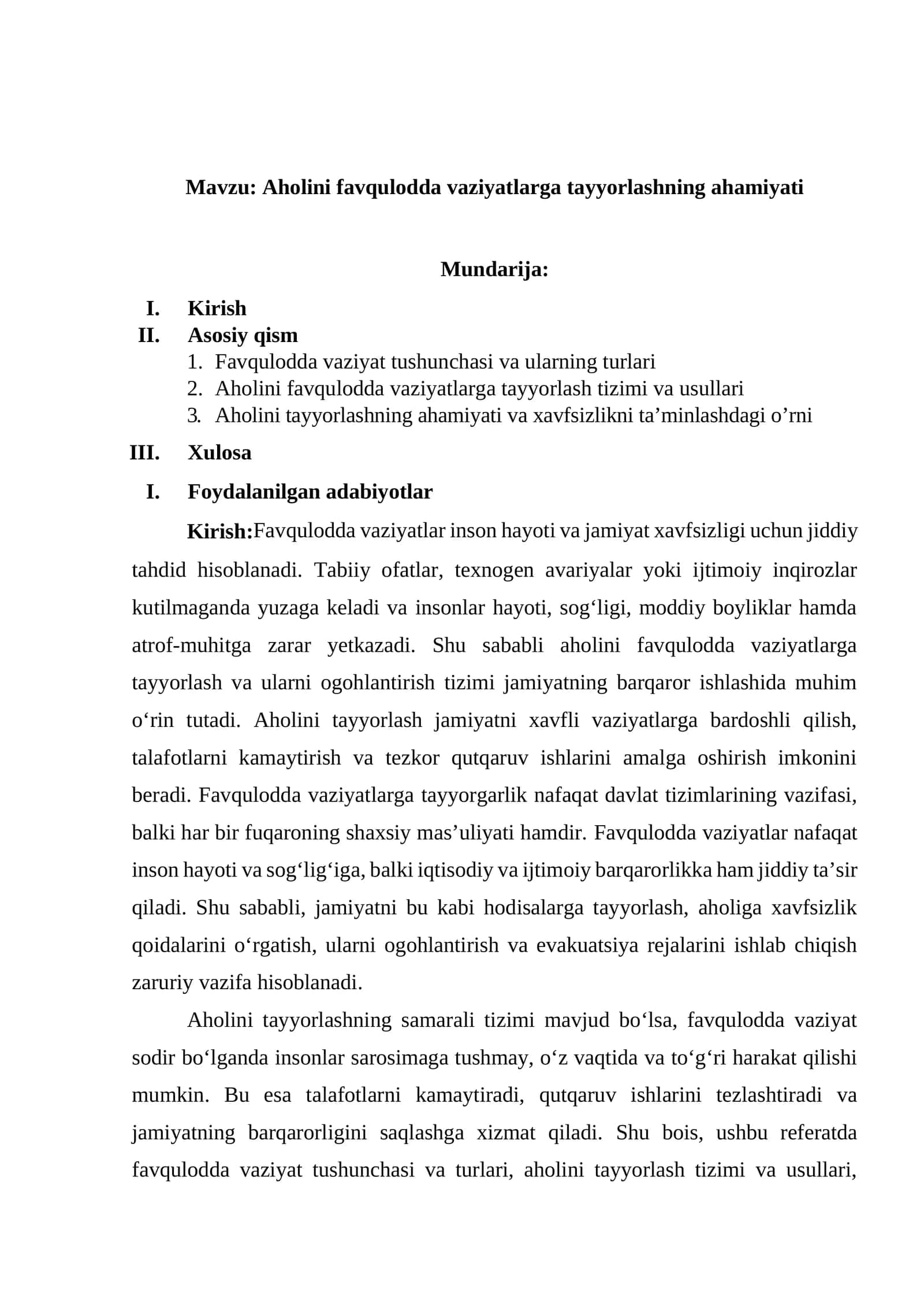 Aholini favqulodda vaziyatlarga tayyorlashning ahamiyati