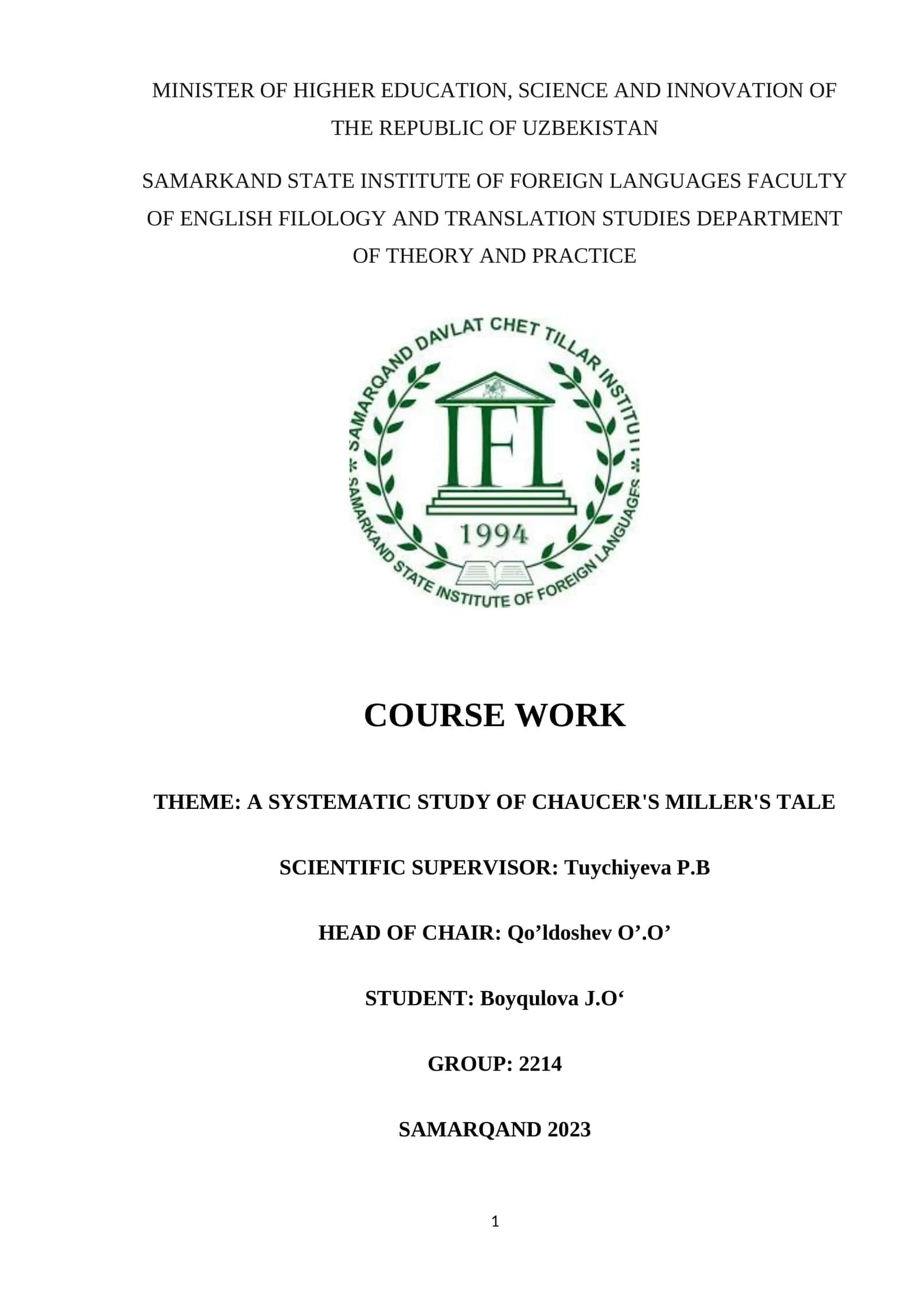 A SYSTEMATIC STUDY OF CHAUCER'S MILLER'S TALE