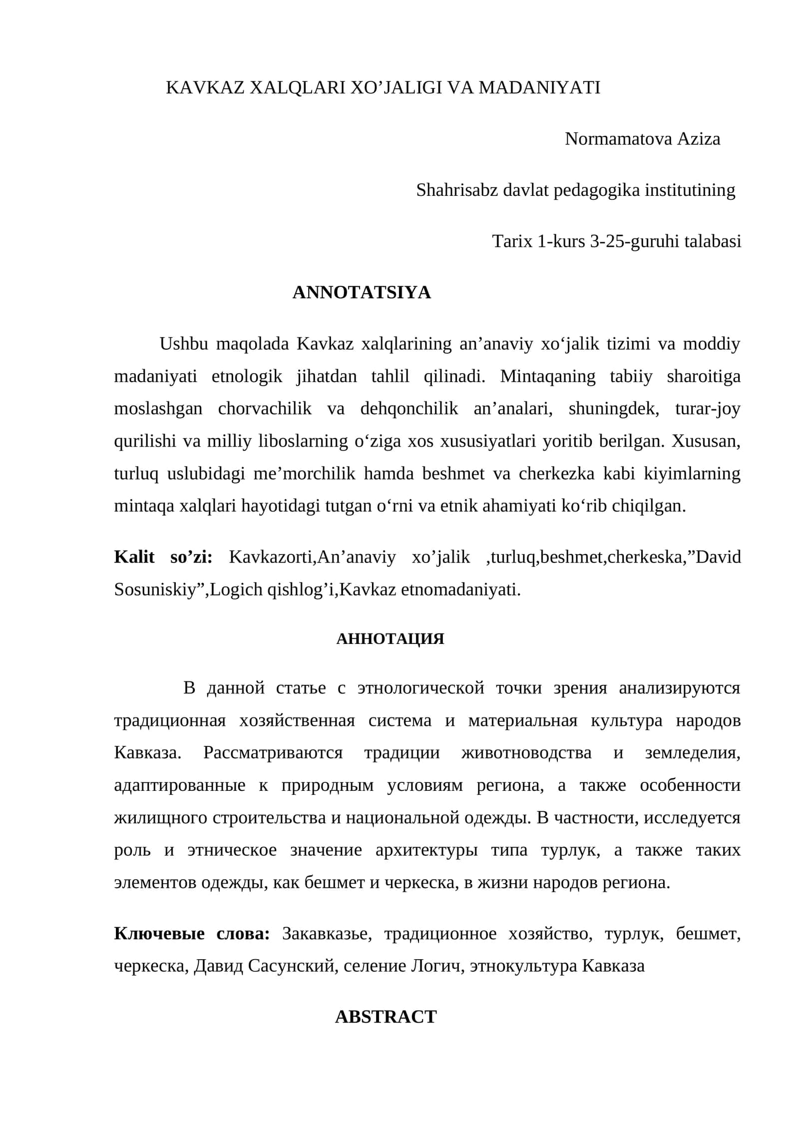 KAVKAZ XALQLARI XO’JALIGI VA MADANIYATI