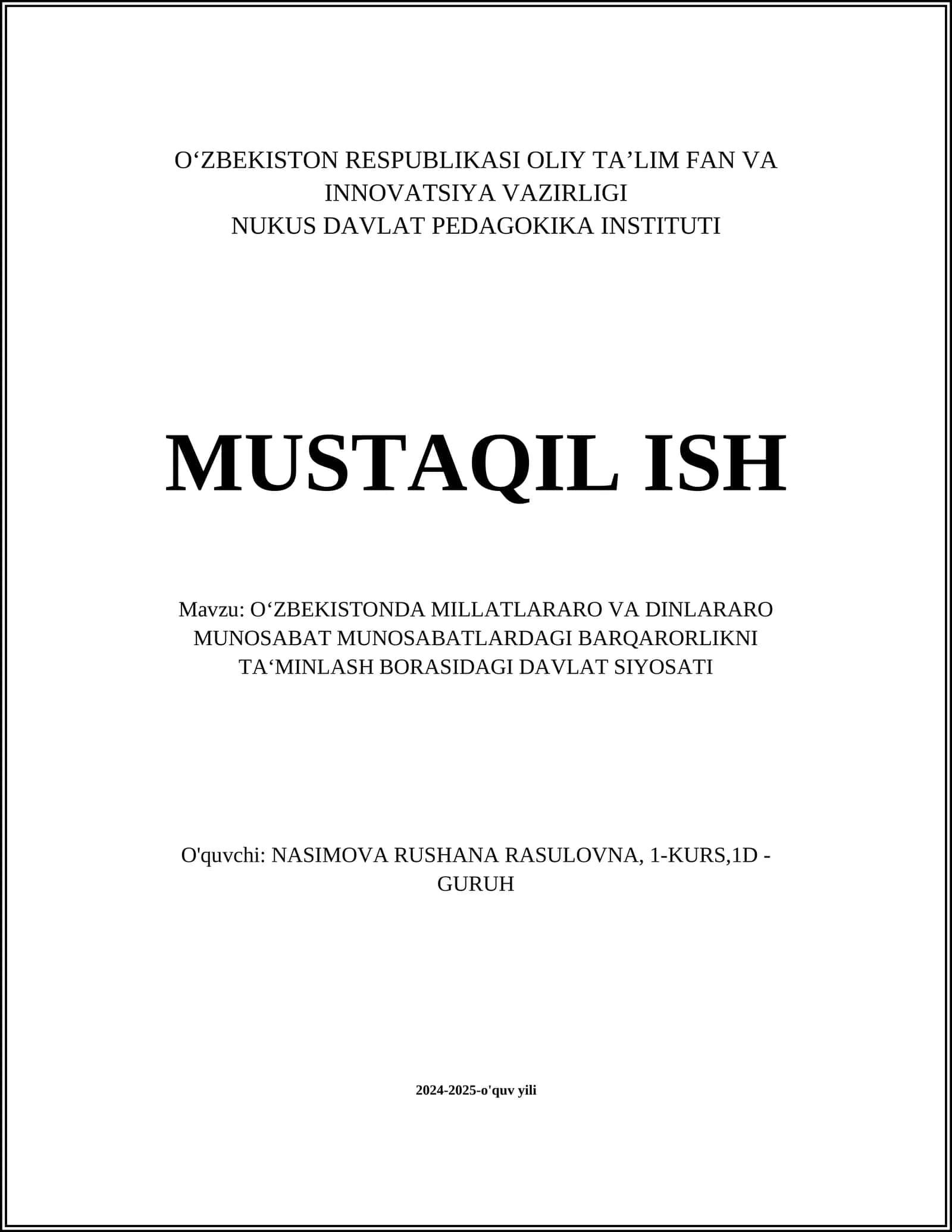 O‘ZBEKISTONDA MILLATLARARO VA DINLARARO MUNOSABAT MUNOSABATLARDAGI BARQARORLIKNI TA‘MINLASH BORASIDAGI DAVLAT SIYOSATI