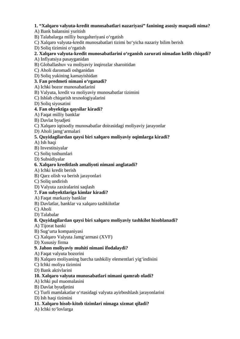 Xalqaro Valyuta-Kredit Munosabatlari Nazariyasi test