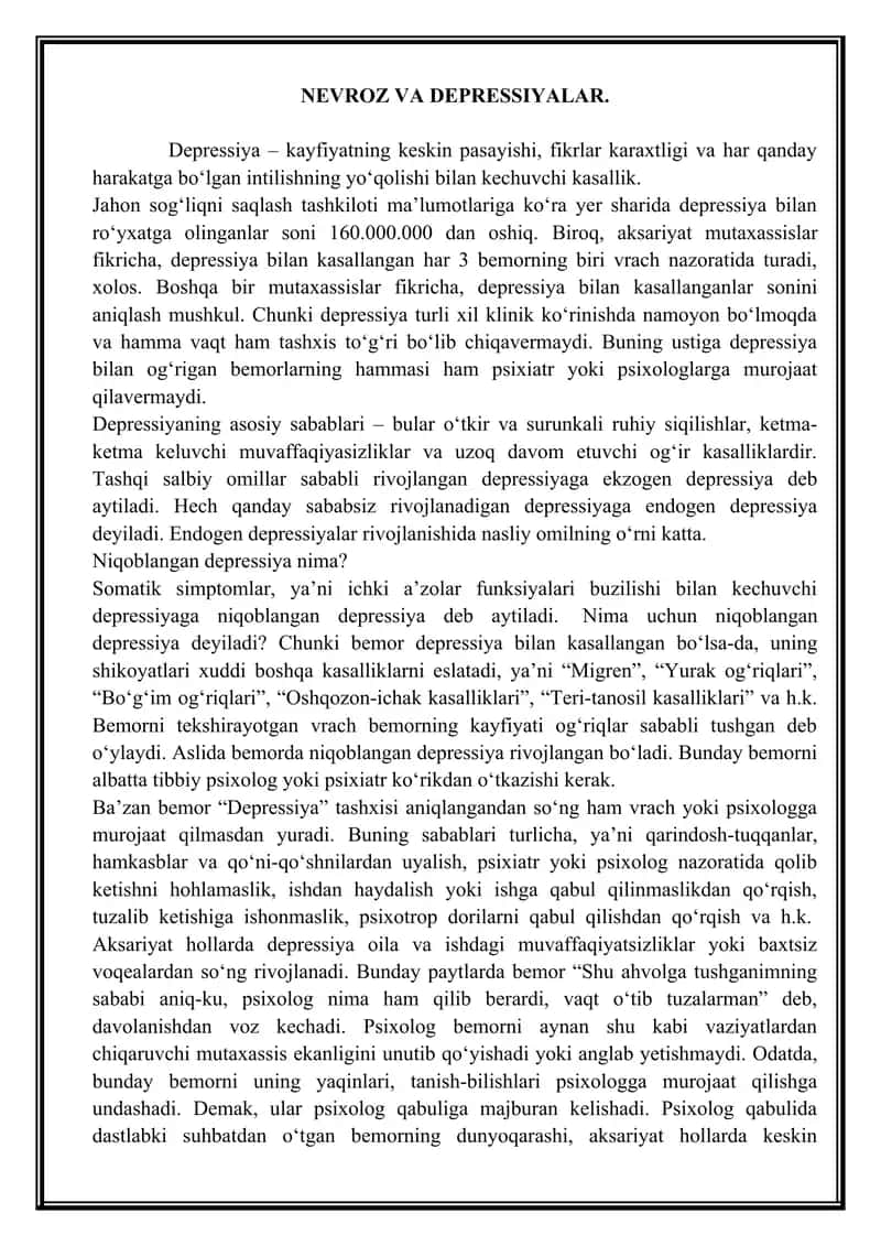 NEVROZ VA DEPRESSIYALAR