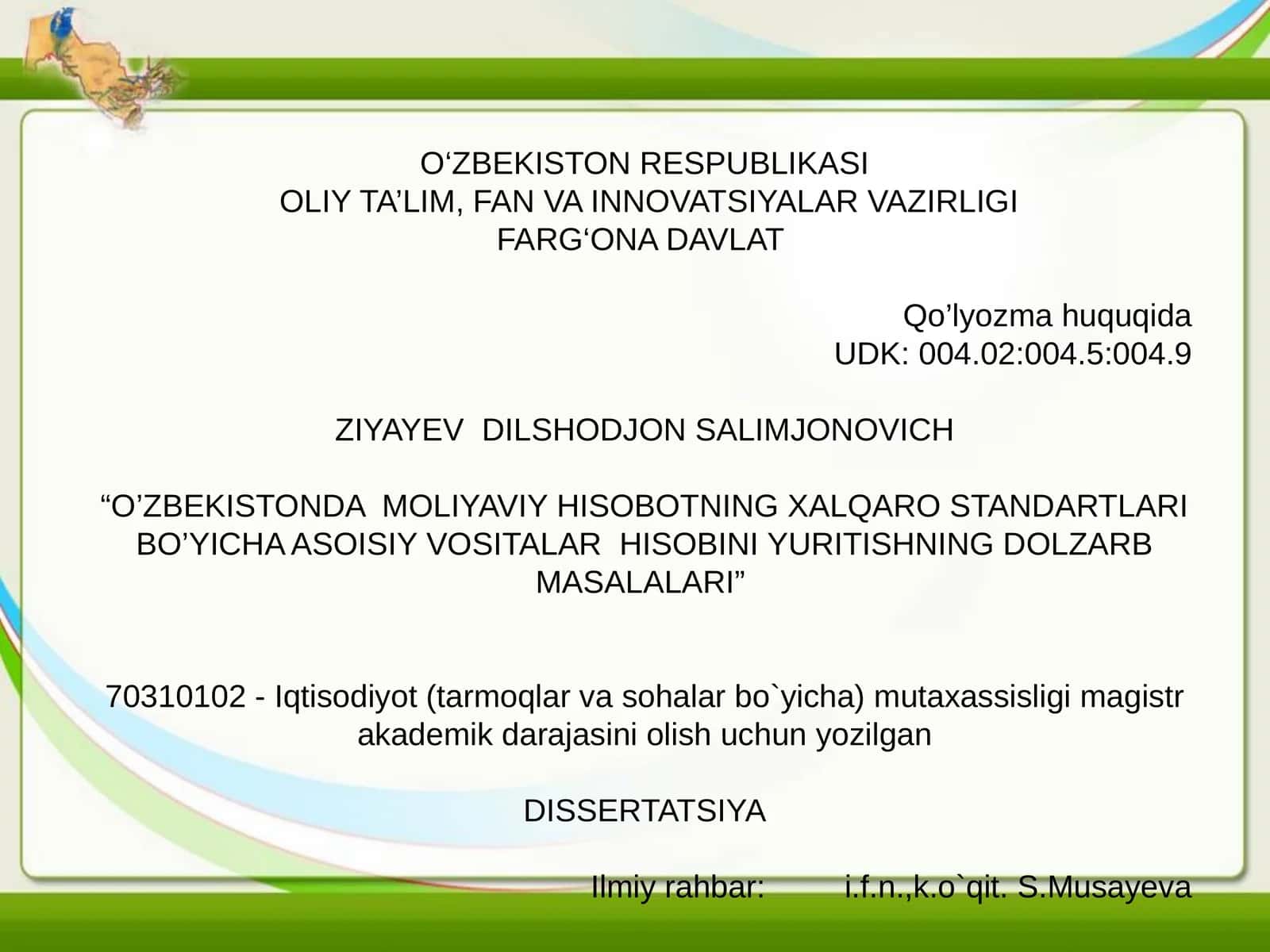 “O’ZBEKISTONDA MOLIYAVIY HISOBOTNING XALQARO STANDARTLARI BO’YICHA ASOISIY VOSITALAR HISOBINI YURITISHNING DOLZARB MASALALARI”