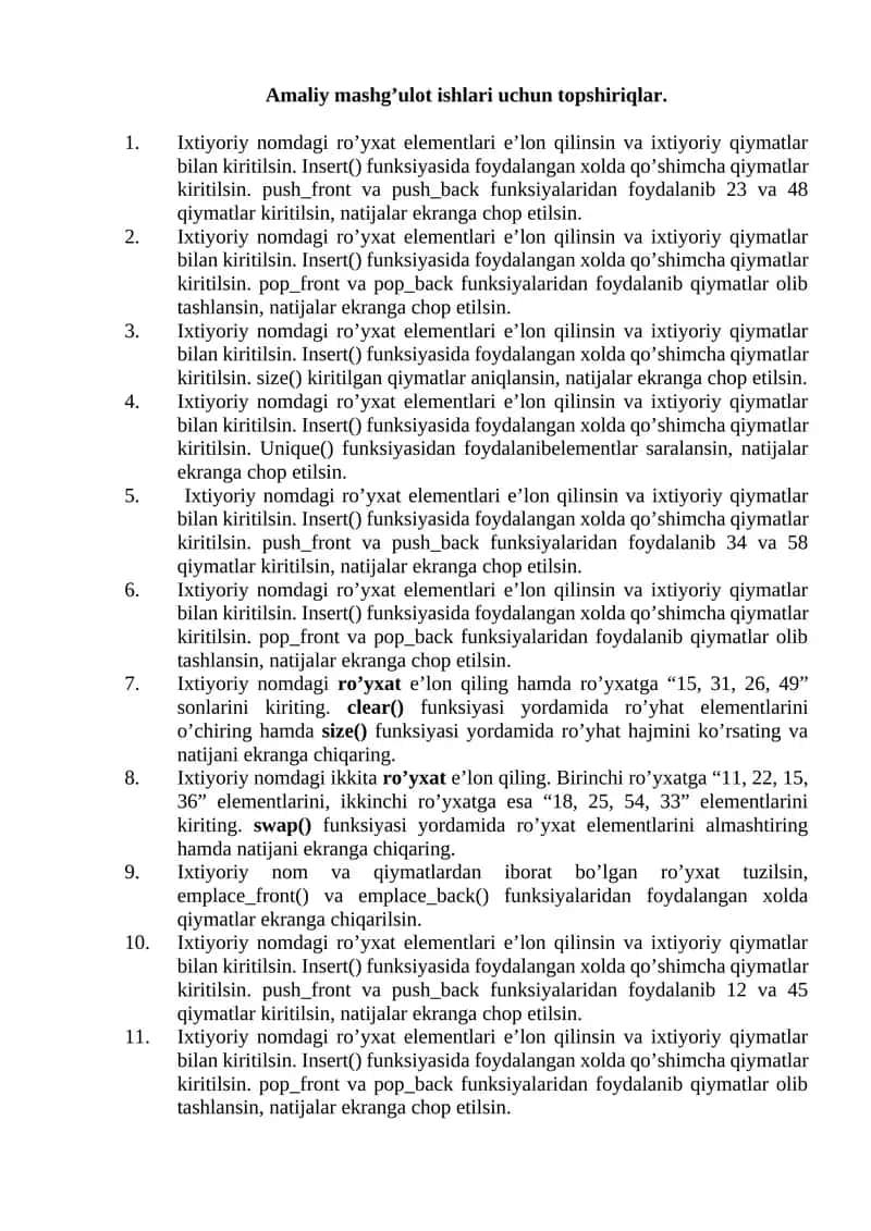 Ixtiyoriy nomdagi ro’yxat elementlariga operatsiyalar