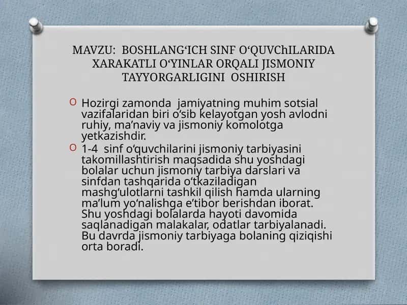 BOSHLANG‘ICHSINF O‘QUVChILARIDA XARAKATLI O‘YINLAR ORQALI JISMONIY TAYYORGARLIGINI OSHIRISH