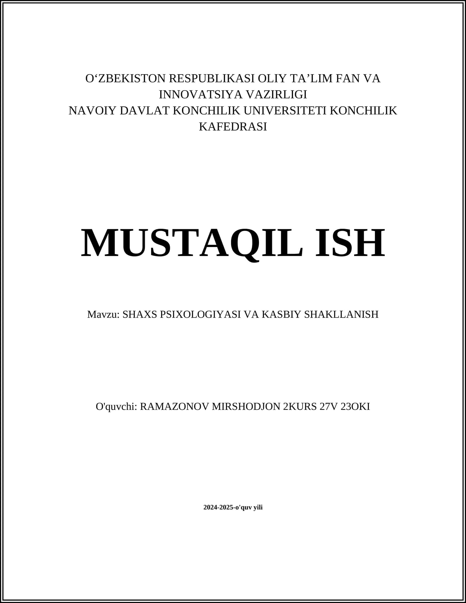 SHAXS PSIXOLOGIYASI VA KASBIY SHAKLLANISH