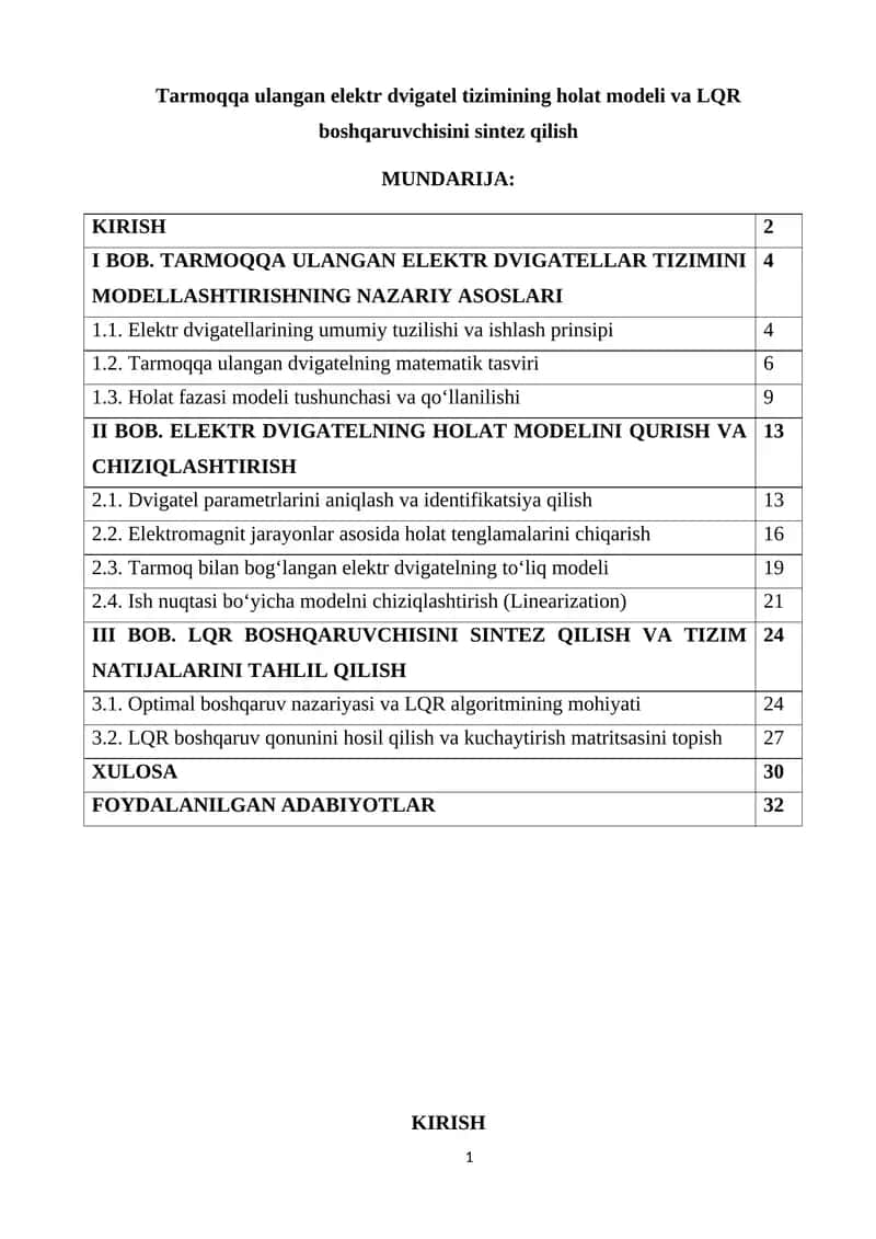 Tarmoqqa ulangan elektr dvigatel tizimining holat modelini va LQR boshqaruvchisini sintez qilishning