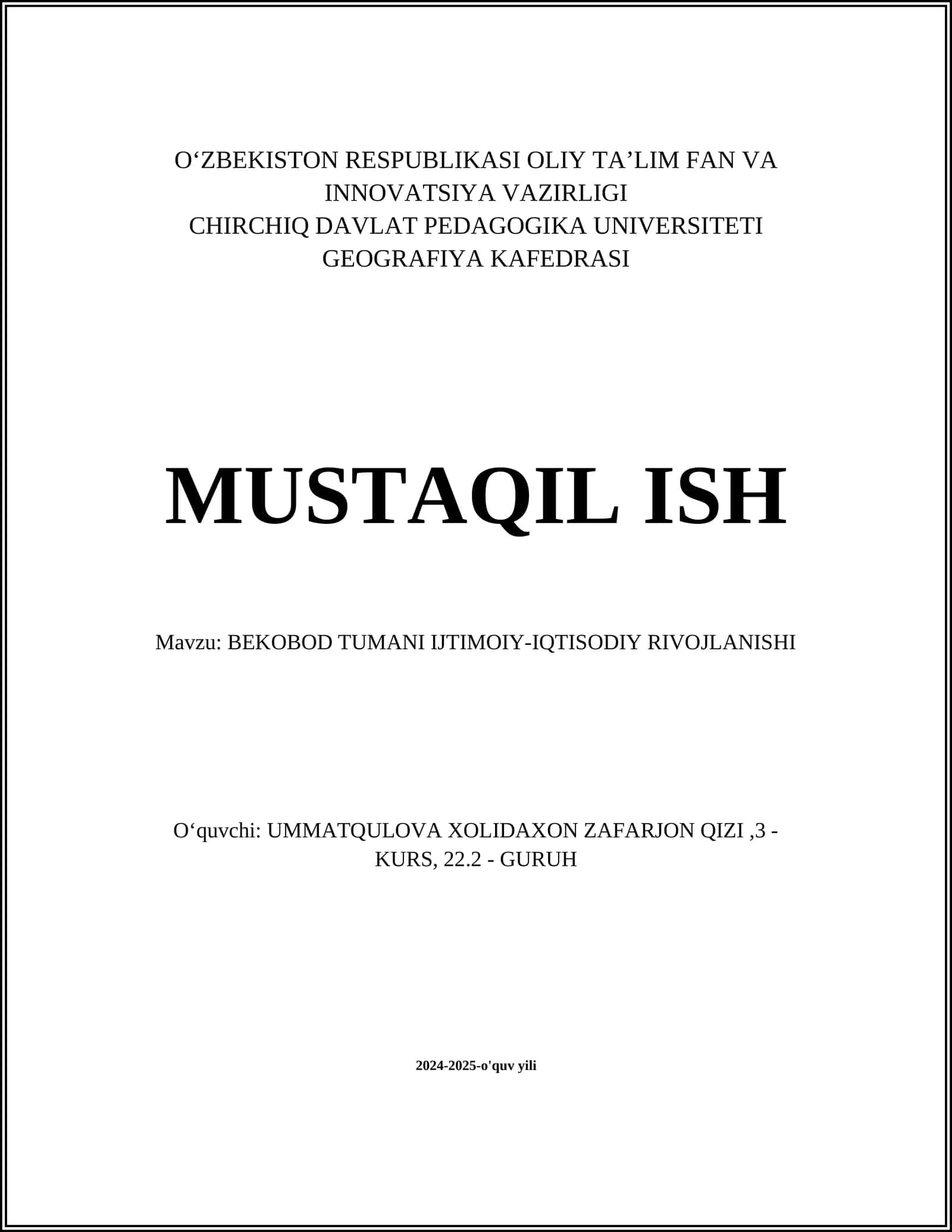 BEKOBOD TUMANI IJTIMOIY-IQTISODIY RIVOJLANISHI