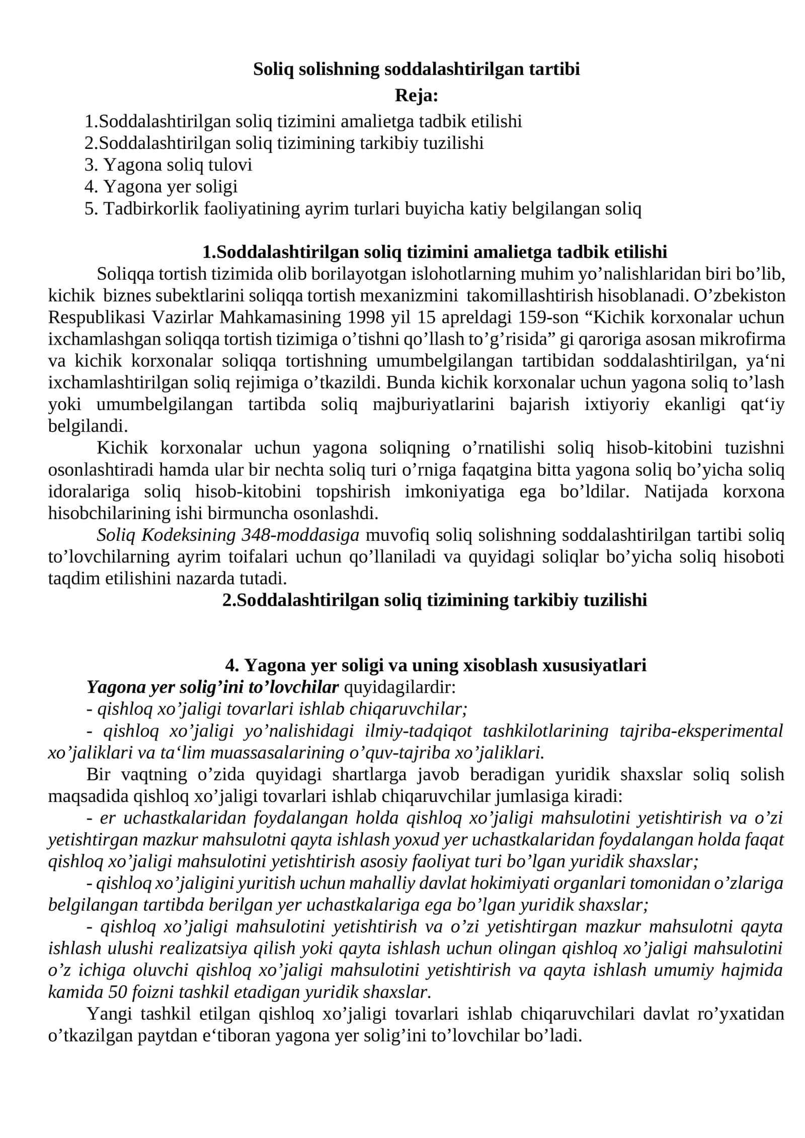 Soliq solishning soddalashtirilgan tartibi