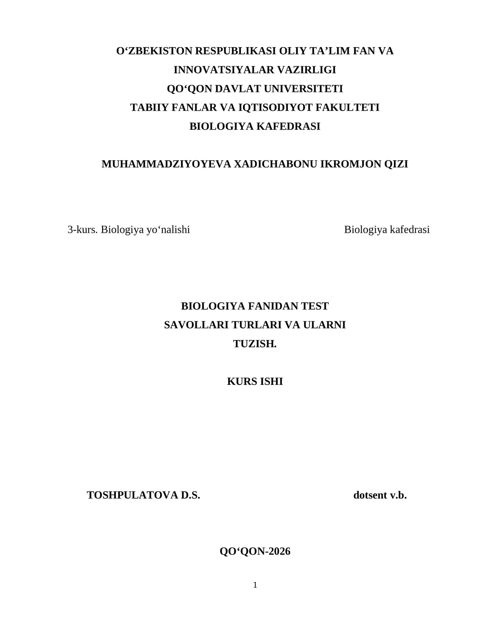 BIOLOGIYA FANIDAN TEST