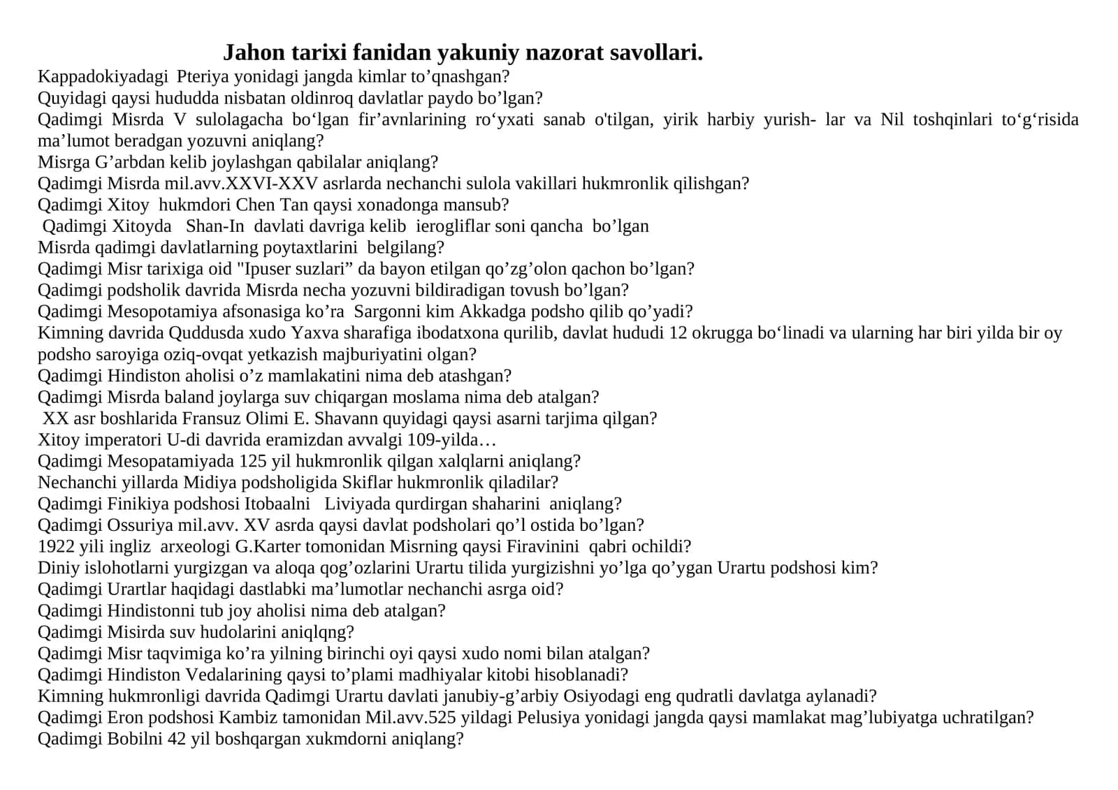 Jahon tarixi fanidan yakuniy nazorat savollari