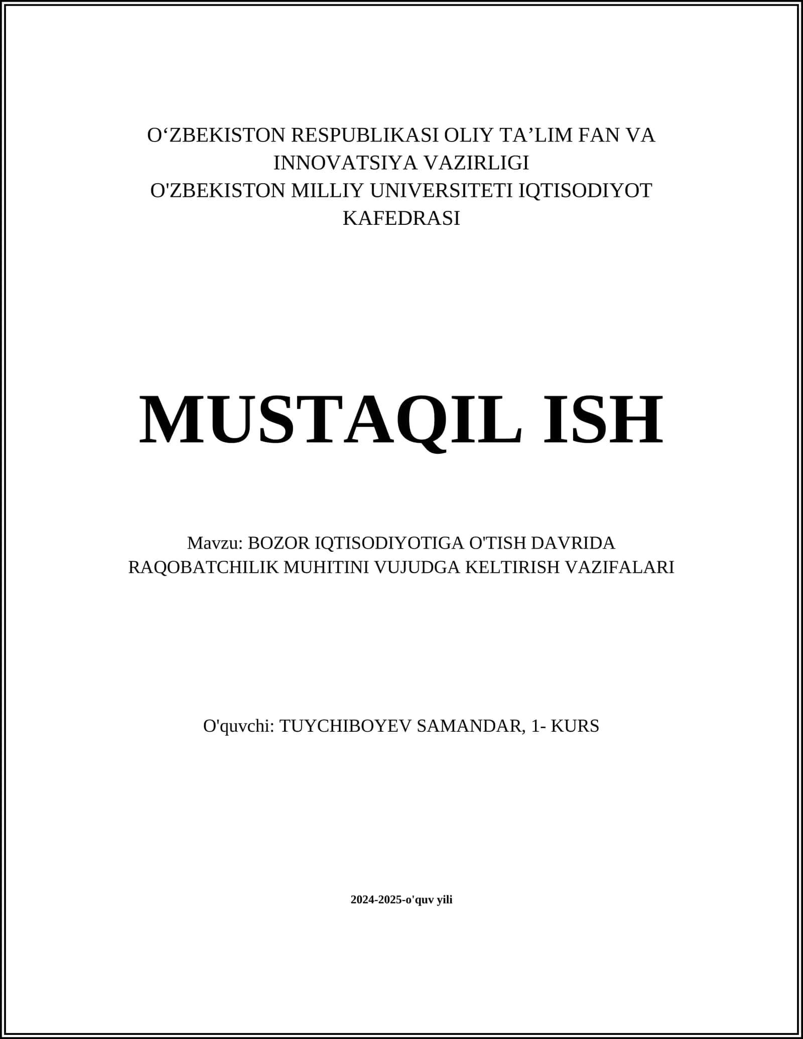 BOZOR IQTISODIYOTIGA O'TISH DAVRIDA RAQOBATCHILIK MUHITINI VUJUDGA KELTIRISH VAZIFALARI
