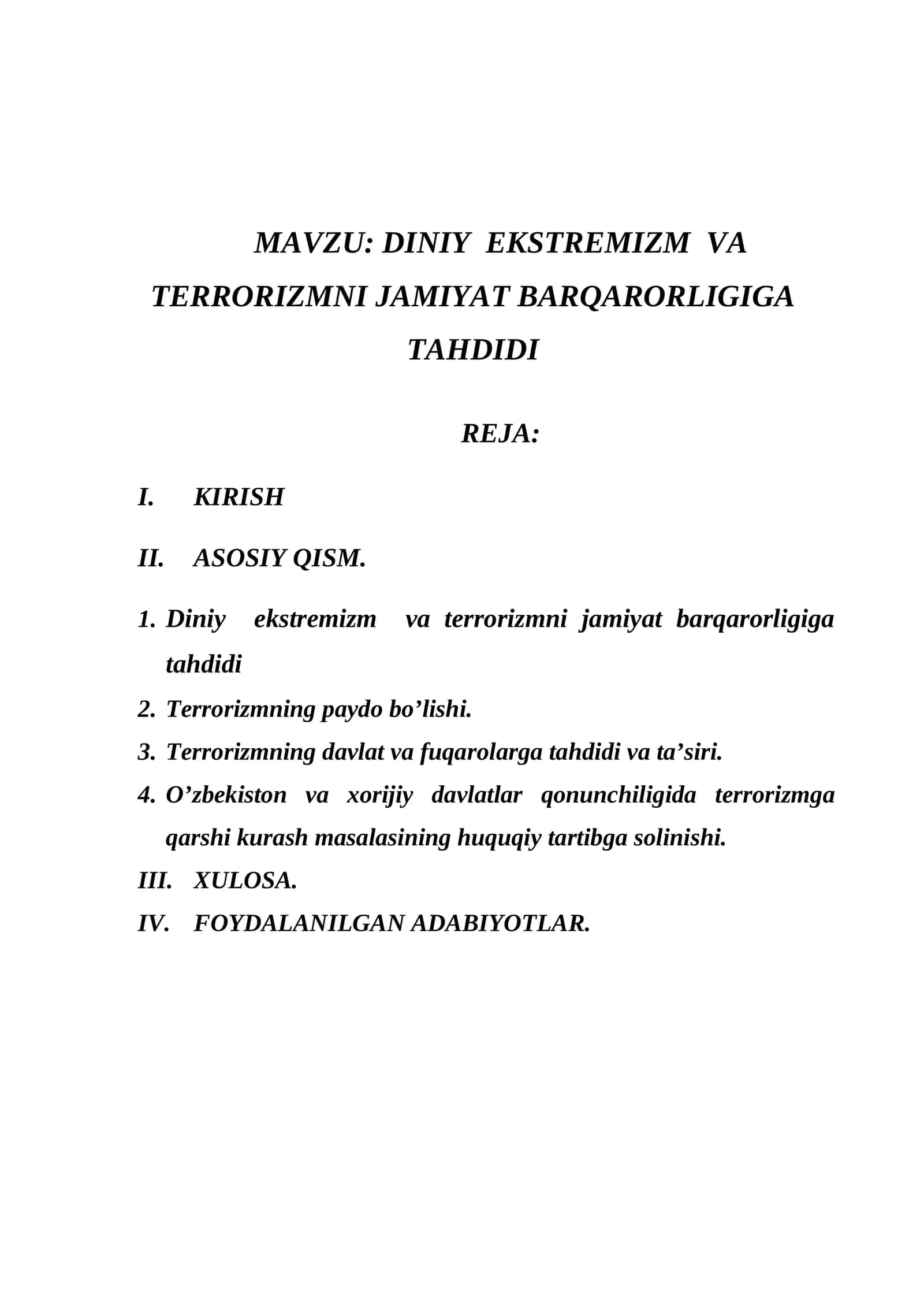 DINIY EKSTREMIZM VA TERRORIZMNI JAMIYAT BARQARORLIGIGA TAHDIDI