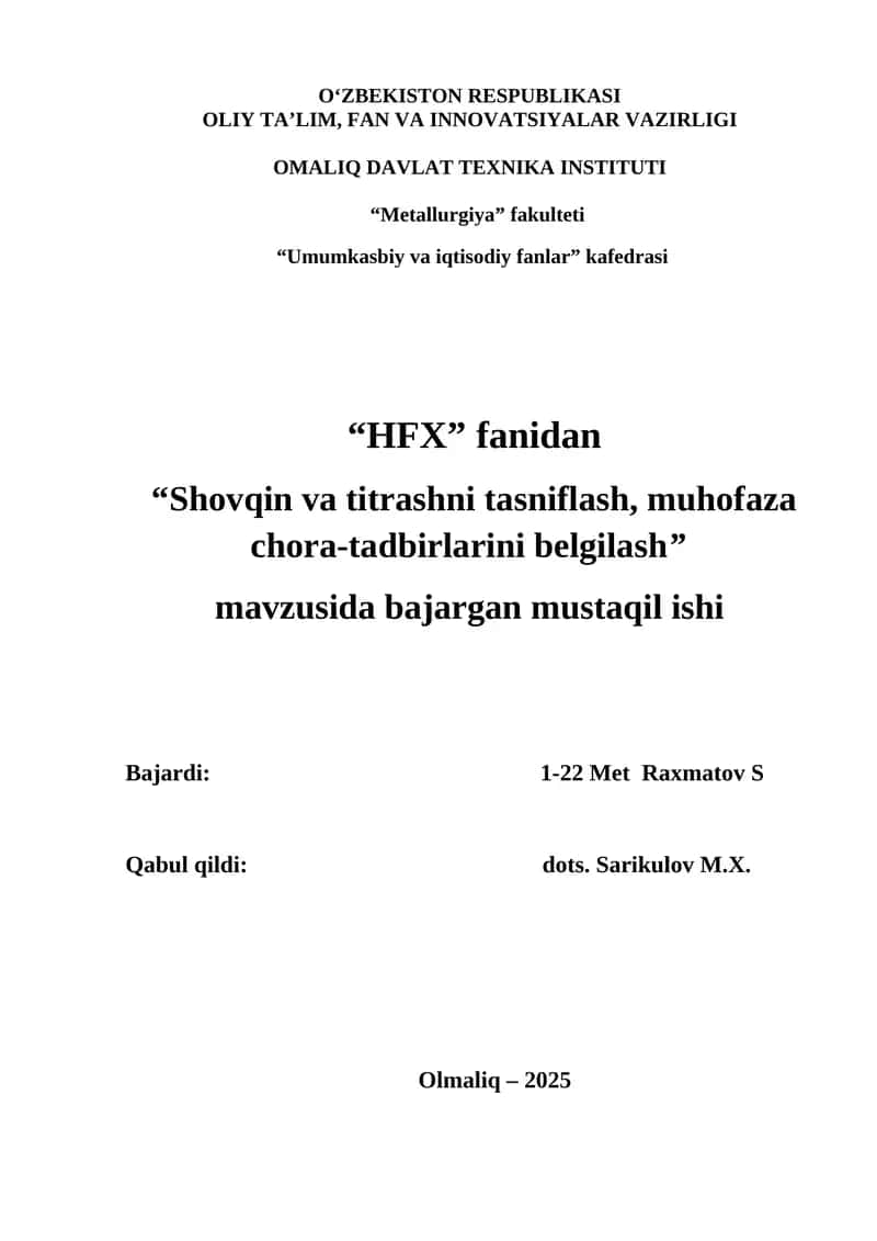 Shovqin va titrashni tasniflash, muhofaza chora-tadbirlarini belgilash