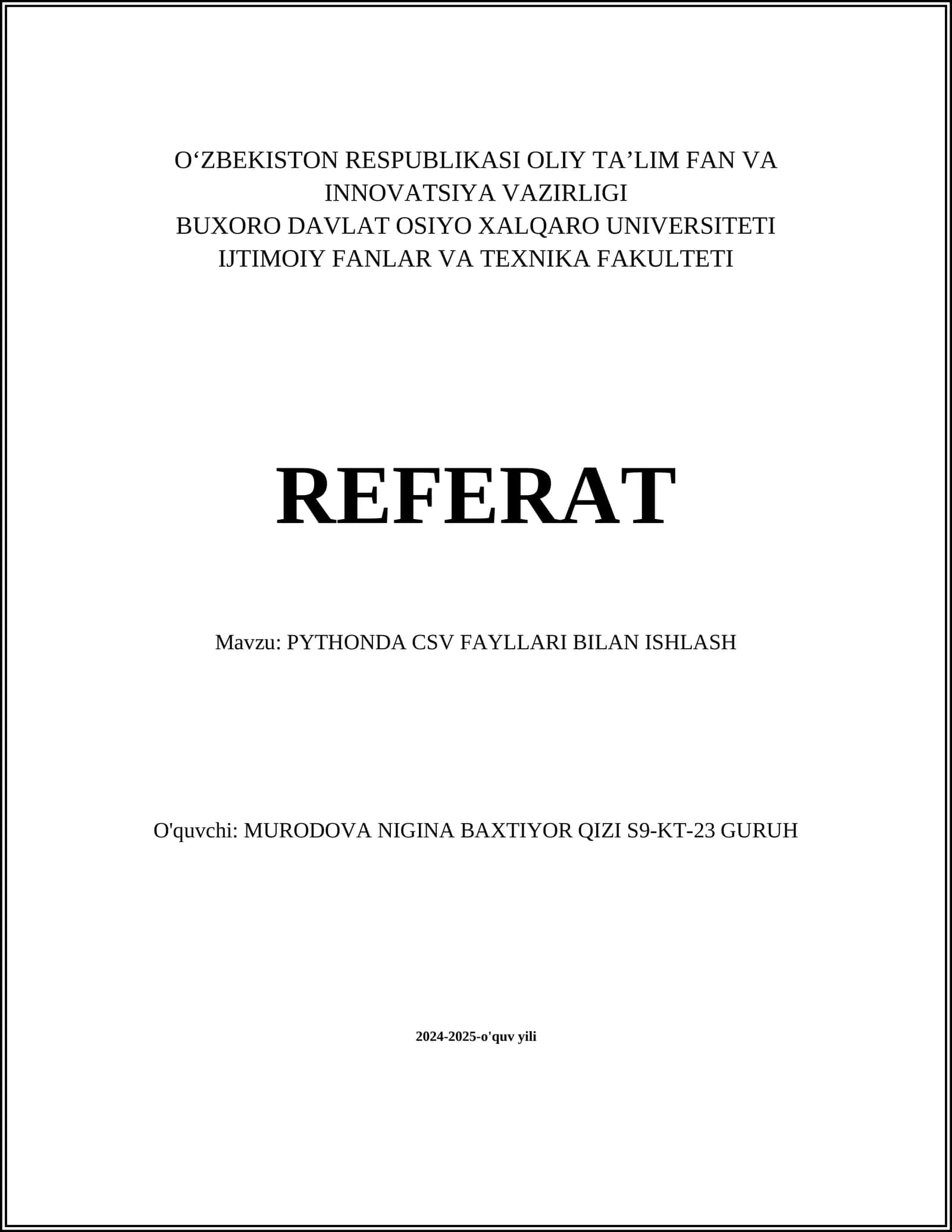 PYTHONDA CSV FAYLLARI BILAN ISHLASH