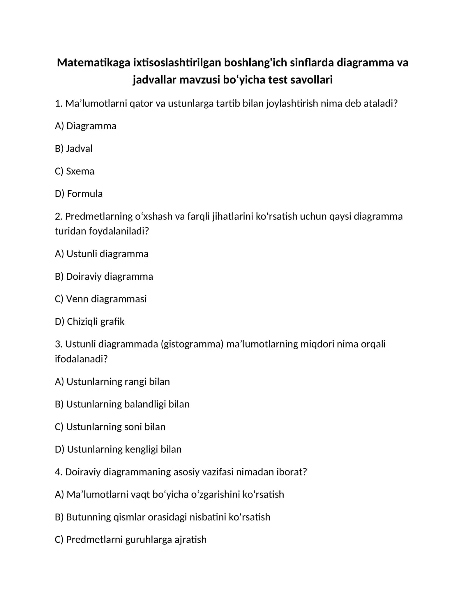 Diagramma va jadvallar mavzusi bo‘yicha test savollari