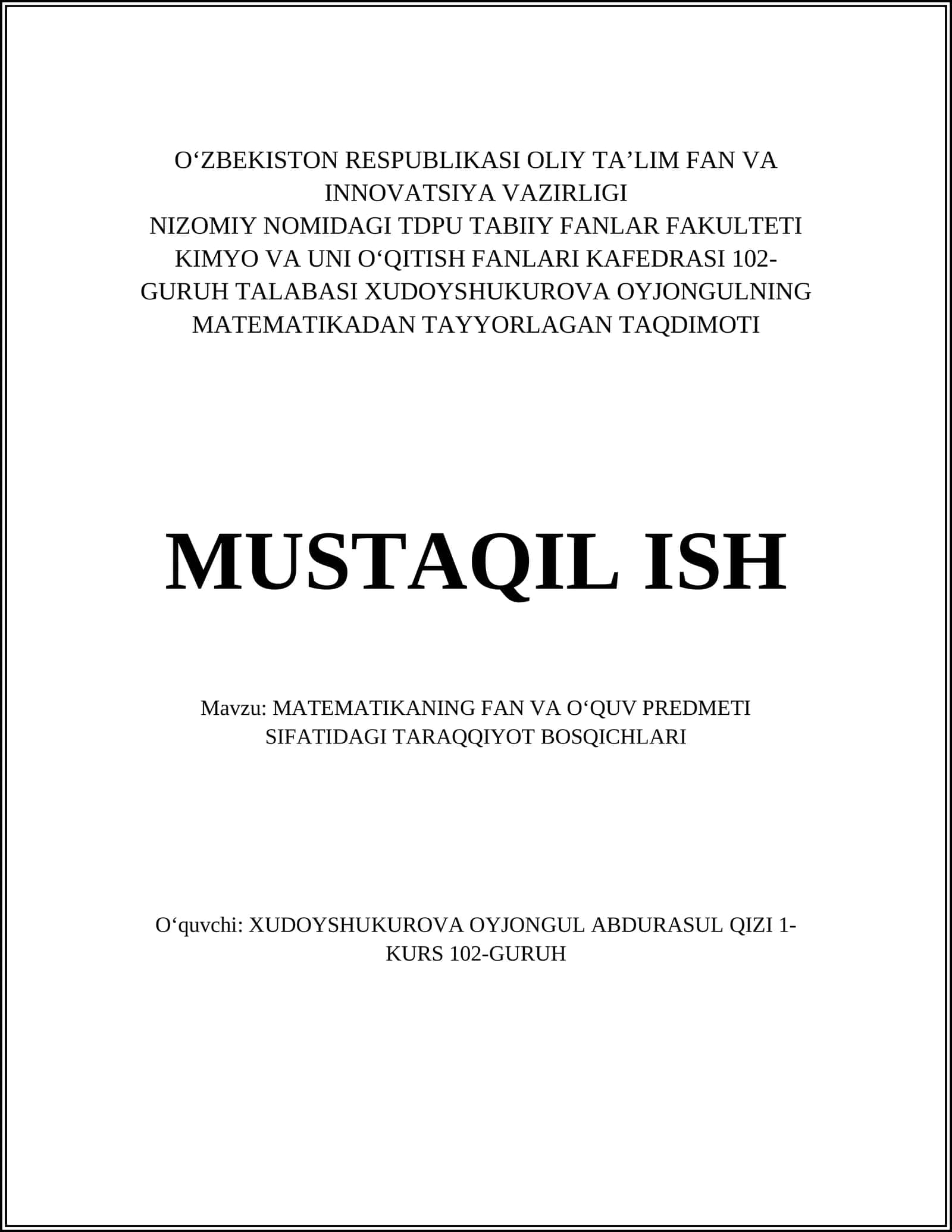 XUDOYSHUKUROVA OYJONGULNING MATEMATIKADAN TAYYORLAGAN TAQDIMOTI