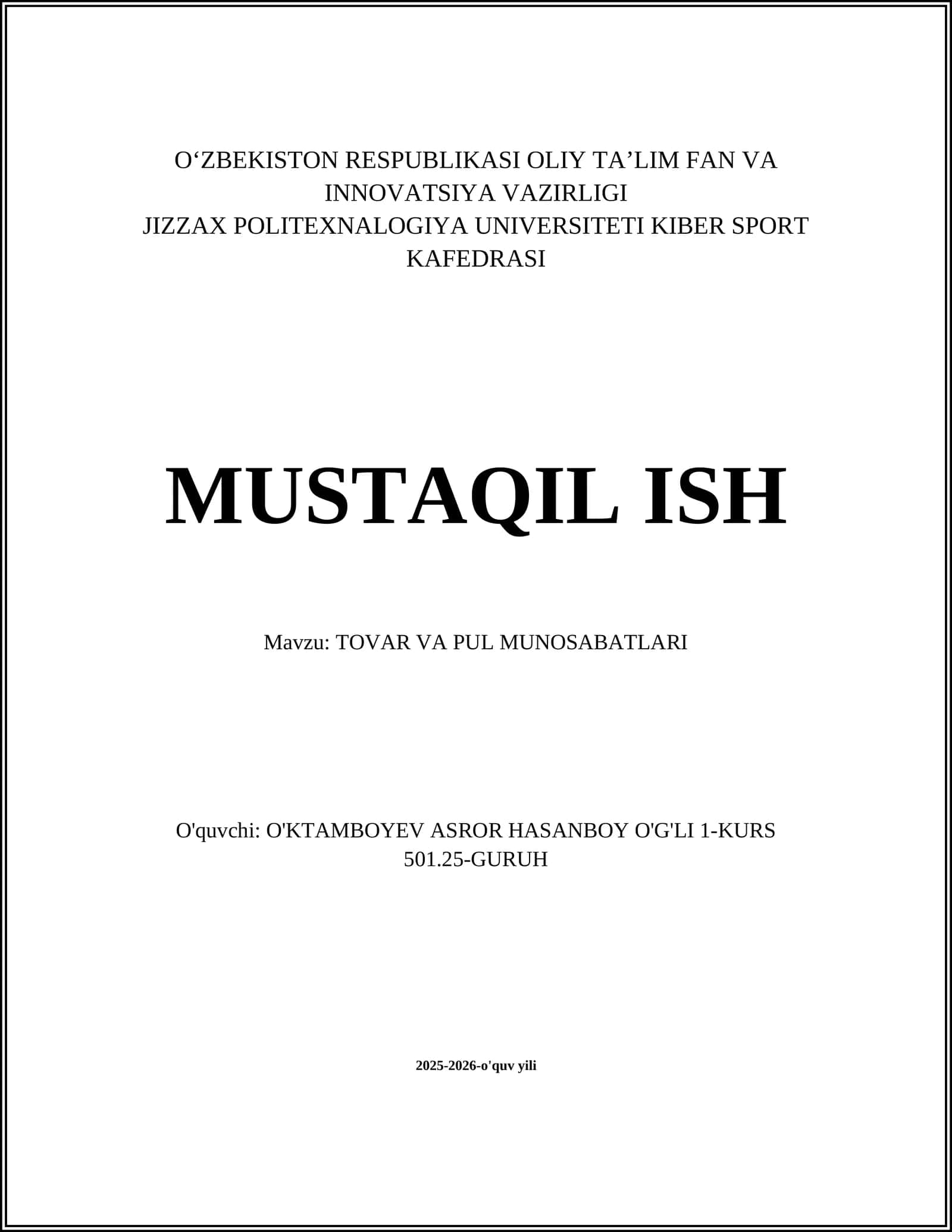 Tovar va pul tushunchalari va iqtisodiy mohiyati