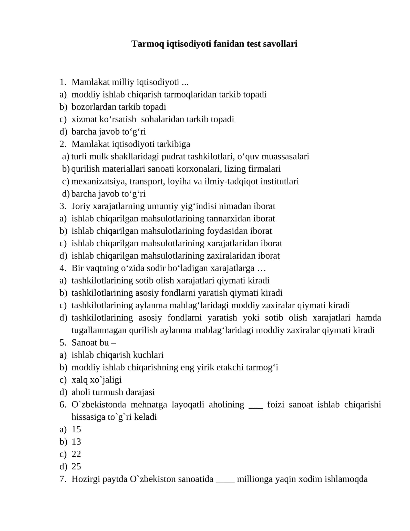 Tarmoq iqtisodiyoti fanidan test savollari