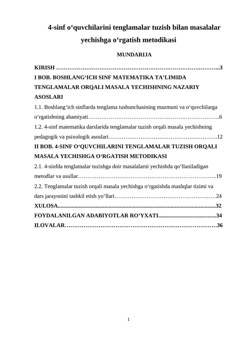 4-sinf o‘quvchilarini tenglamalar tuzish bilan masalalar yechishga o‘rgatish metodikasi