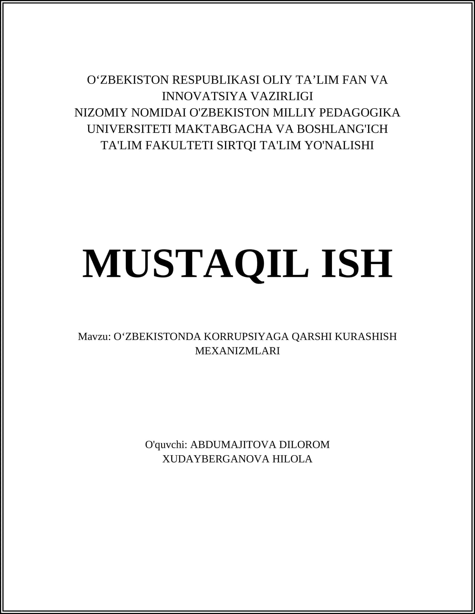 O‘ZBEKISTONDA KORRUPSIYAGA QARSHI KURASHISH MEXANIZMLARI