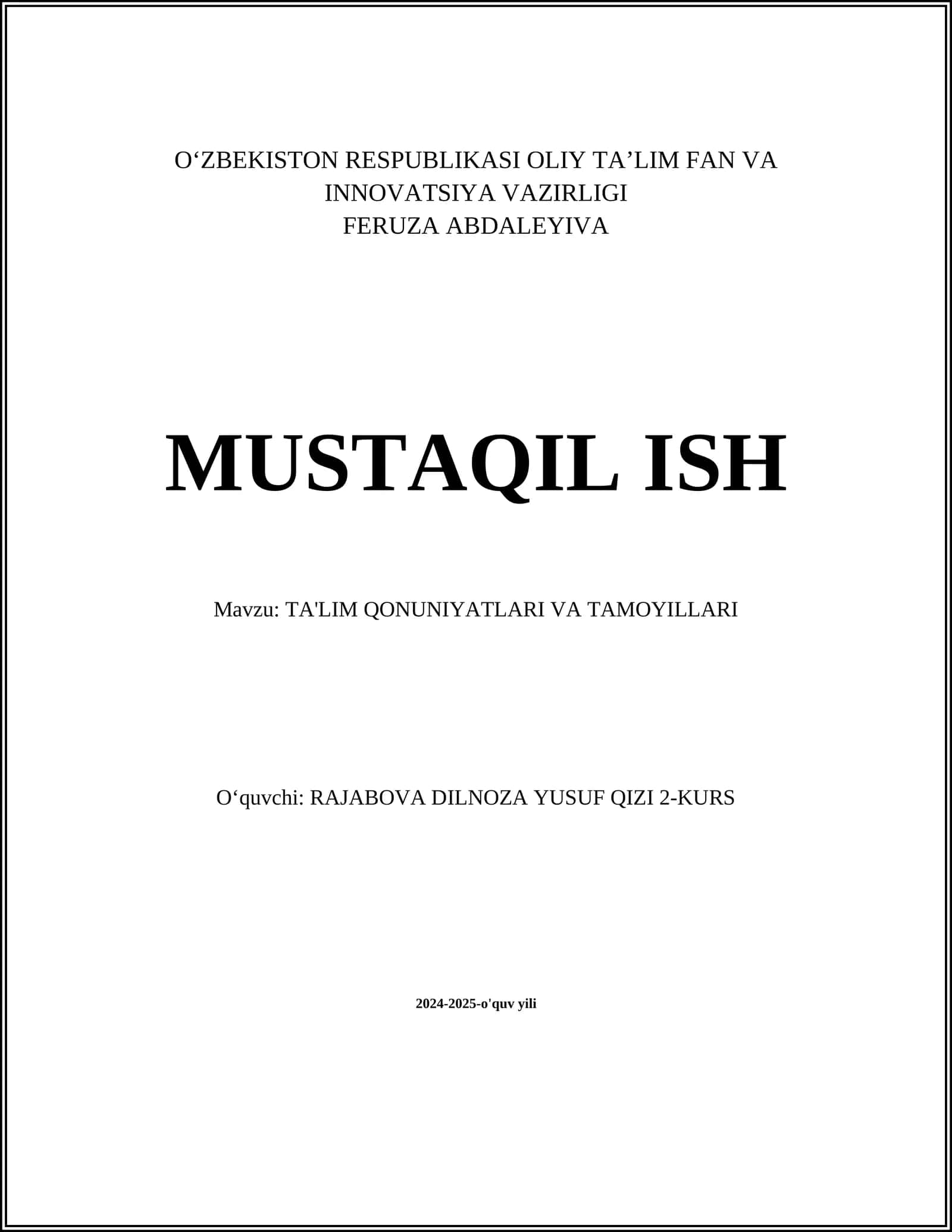 TA'LIM QONUNIYATLARI VA TAMOYILLARI