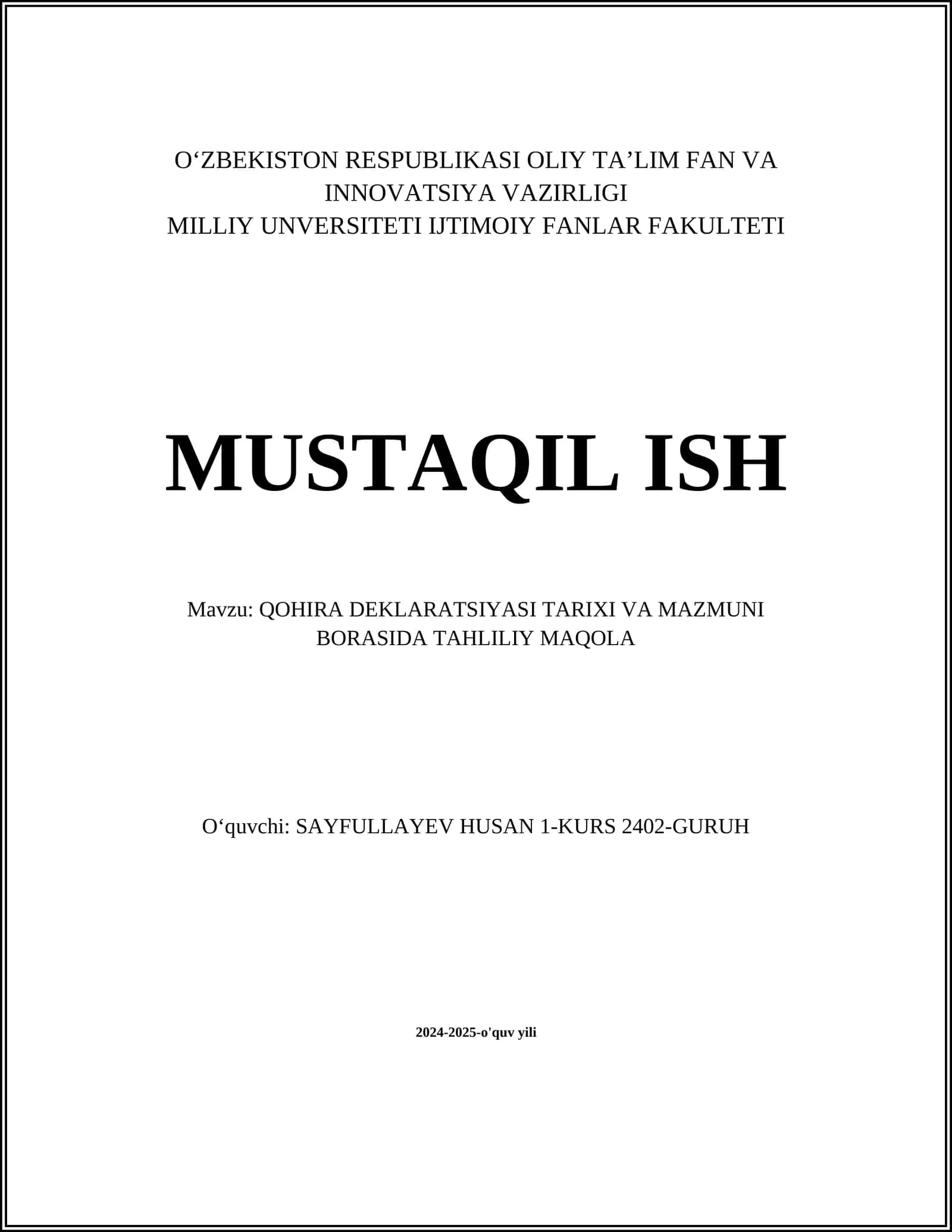 QOHIRA DEKLARATSIYASI TARIXI VA MAZMUNI BORASIDA TAHLILIY MAQOLA
