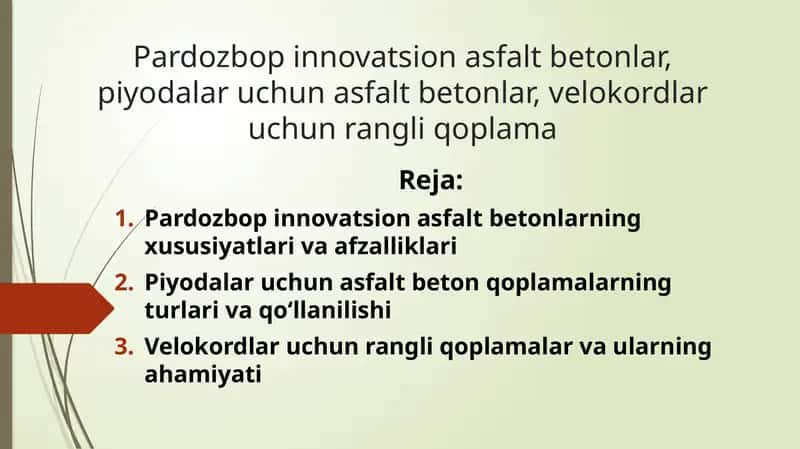 Pardozbop innovatsion asfalt betonlar, piyodalar uchun asfalt betonlar, velokordlar uchun rangli qoplama