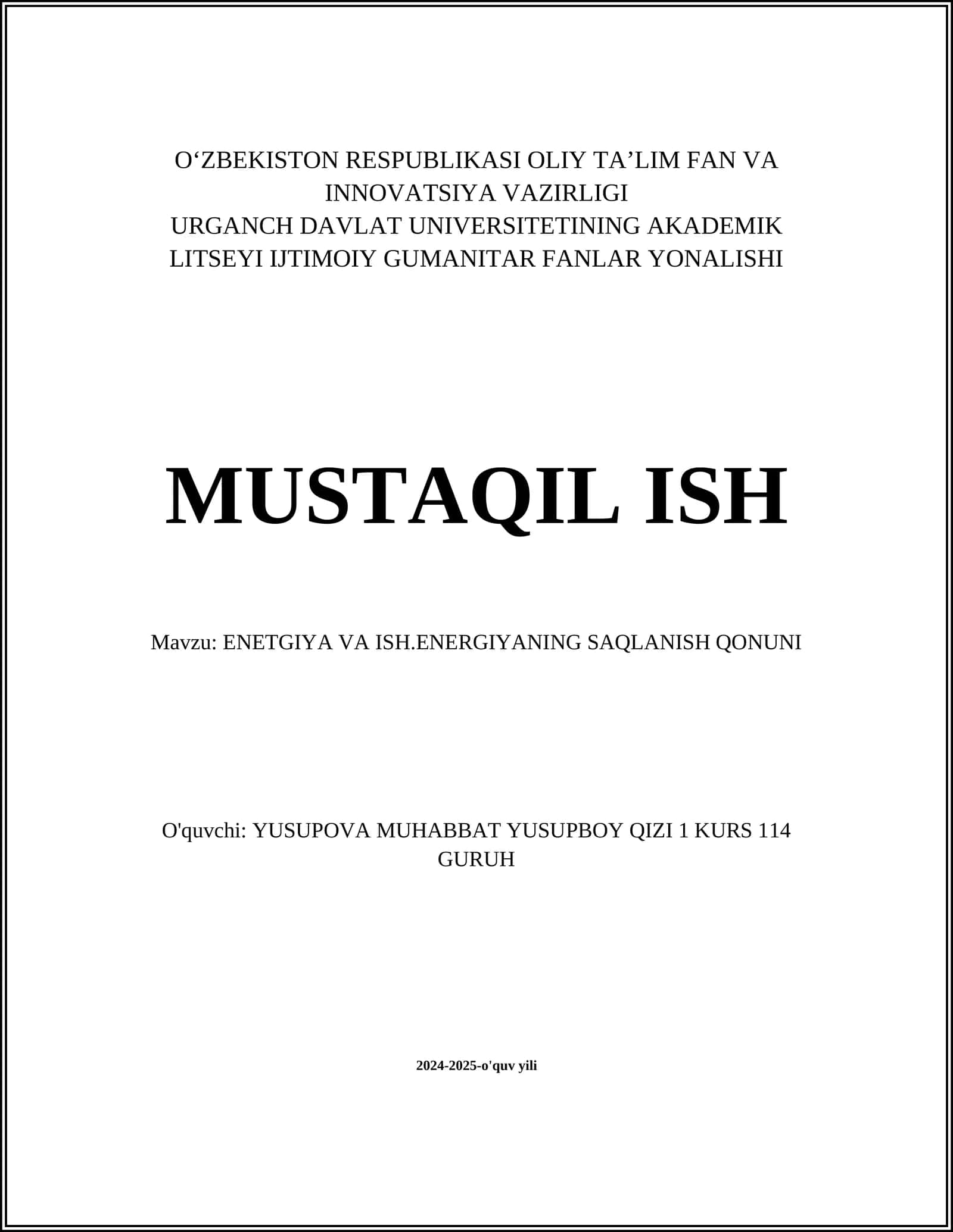 ENERGIYA VA ISH.ENERGIYANING SAQLANISH QONUNI