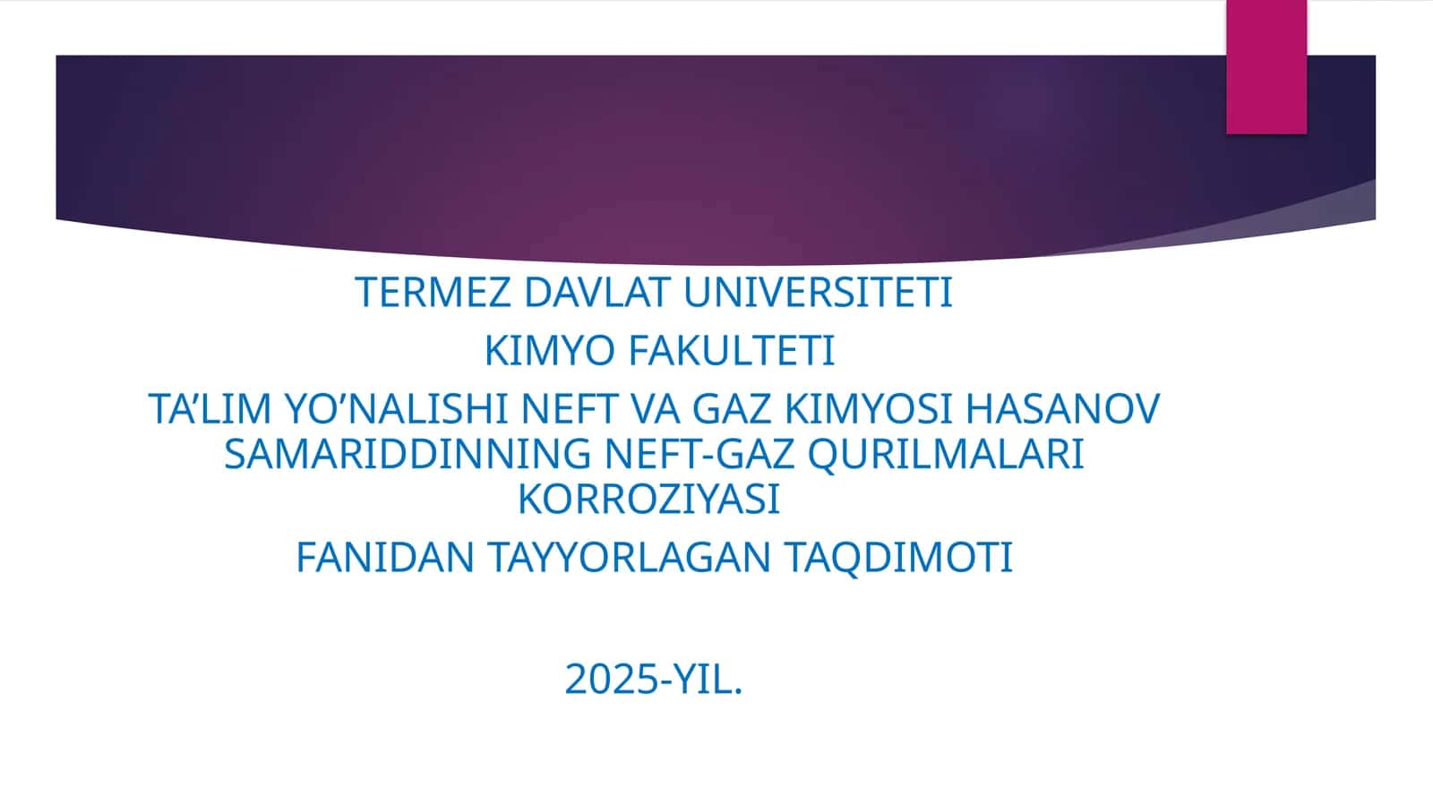 KORROZIYASI.Metallkorroziyasimuammosixalqxoʻjaliginingneft-gaz,neft-kimyo, transport,mashinasozlikvaboshqalarkabikoʻplabsohalariniqamrabolgan.Korroziyaijtimoiyishlabchiqarishgakoʻplabyoʻqotishlarvazararlarkeltirdi