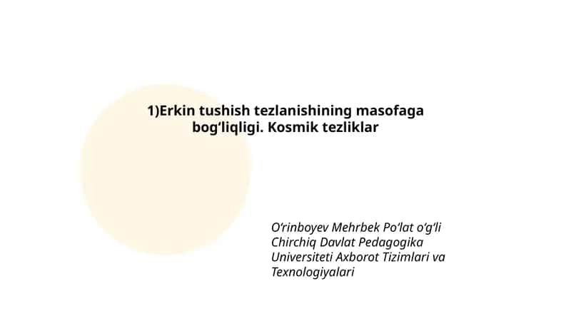 Erkin tushish tezlanishining masofaga bog‘liqligi. Kosmik tezliklar