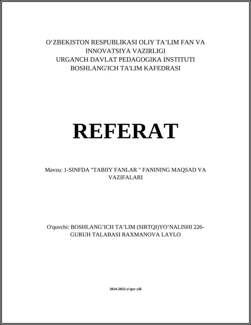 1-SINFDA "TABIIY FANLAR " FANINING MAQSAD VA VAZIFALARI
