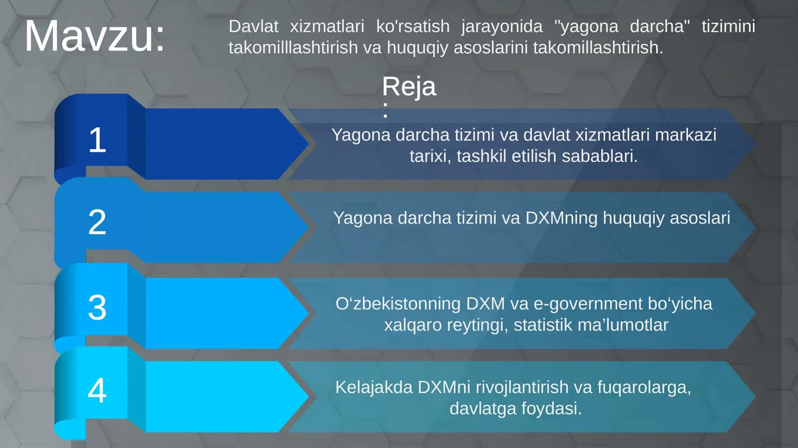 Davlat xizmatlari ko'rsatish jarayonida yagona darcha tizimini takomilllashtirish va huquqiy asoslarini takomillashtirish