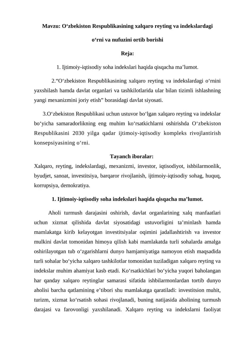 O‘zbekiston Respublikasining xalqaro reyting va indekslardagi o‘rni va nufuzini ortib borishi