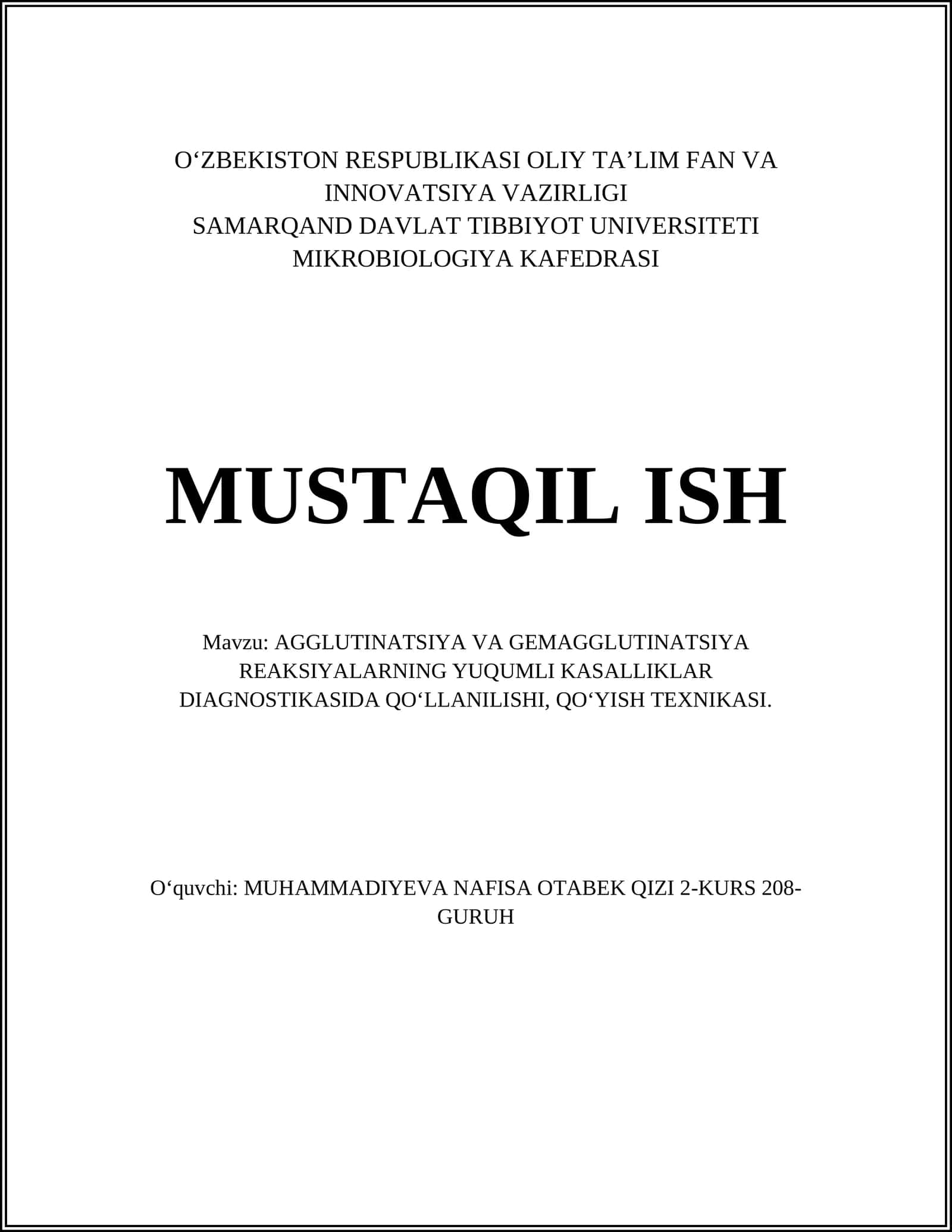 AGGLUTINATSIYA VA GEMAGGLUTINATSIYA REAKSIYALARNING YUQUMLI KASALLIKLAR DIAGNOSTIKASIDA QO‘LLANILISHI, QO‘YISH TEXNIKASI