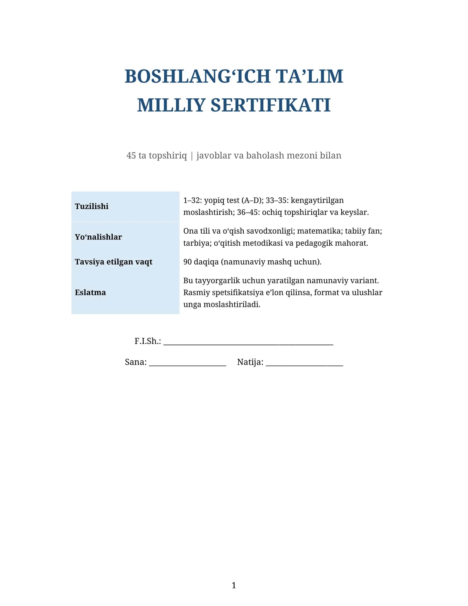 BOSHLANG‘ICH TA’LIM MILLIY SERTIFIKATI