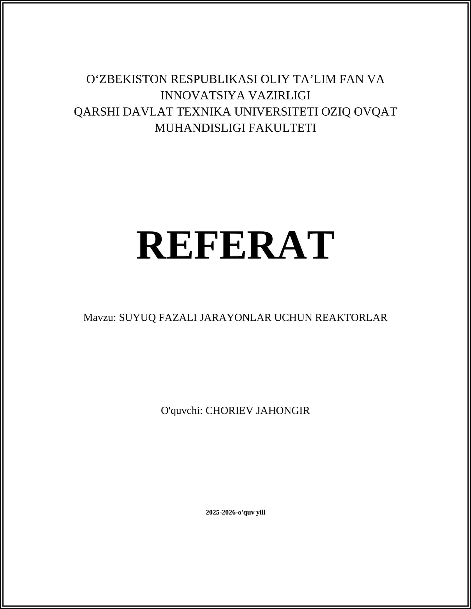 SUYUQ FAZALI JARAYONLAR UCHUN REAKTORLAR