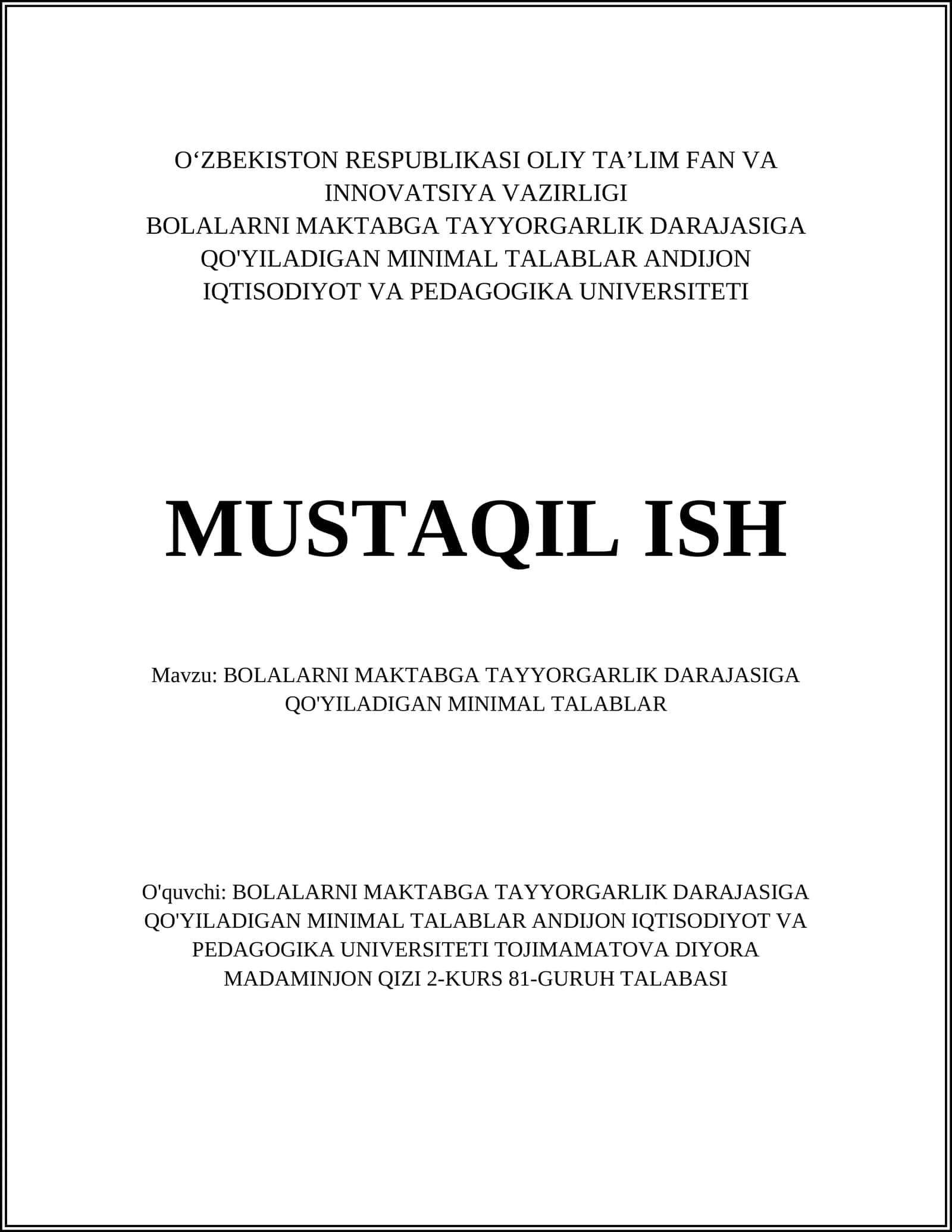 Bolalarni maktabga tayyorgarlik darajasiga qo'yiladigan minimal talablar
