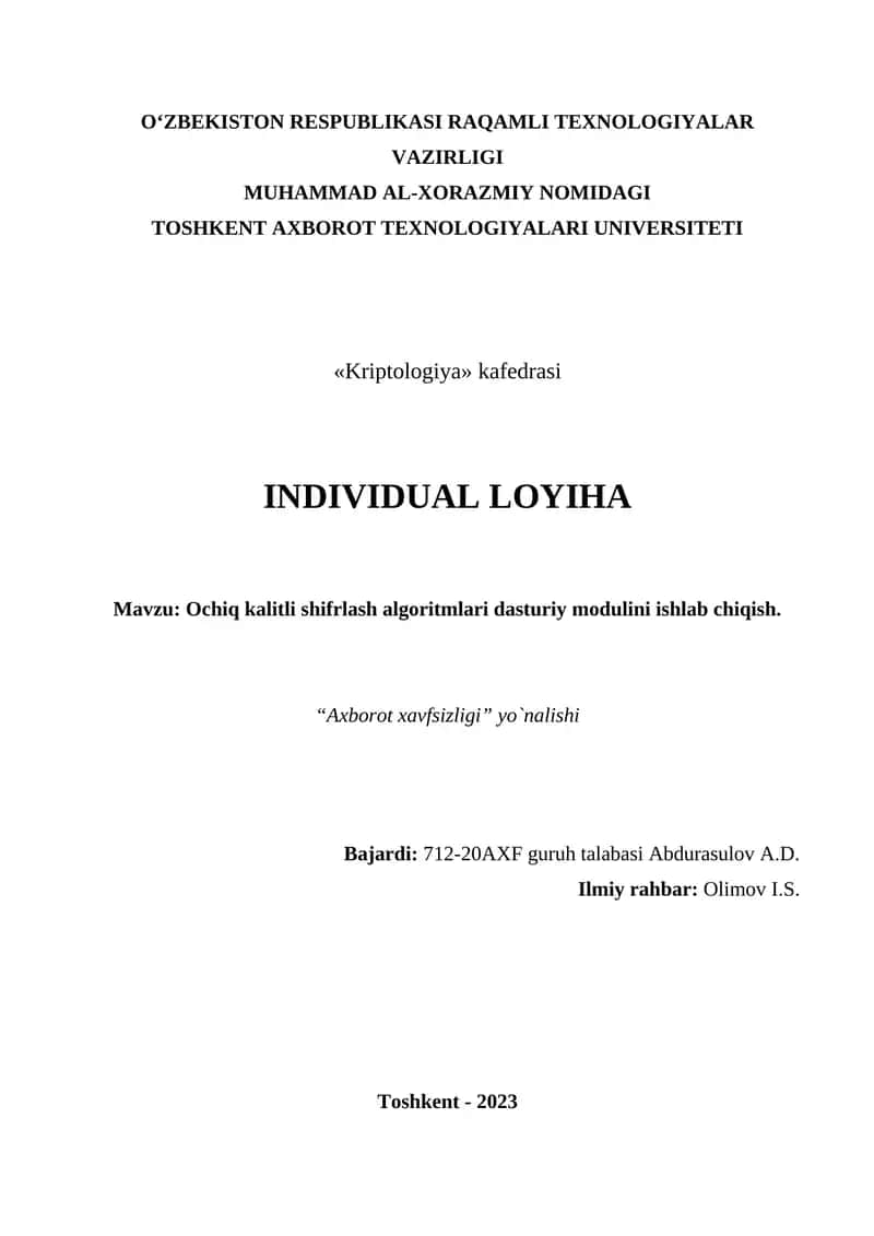 Ochiq kalitli shifrlash algoritmlari dasturiy modulini ishlab chiqish