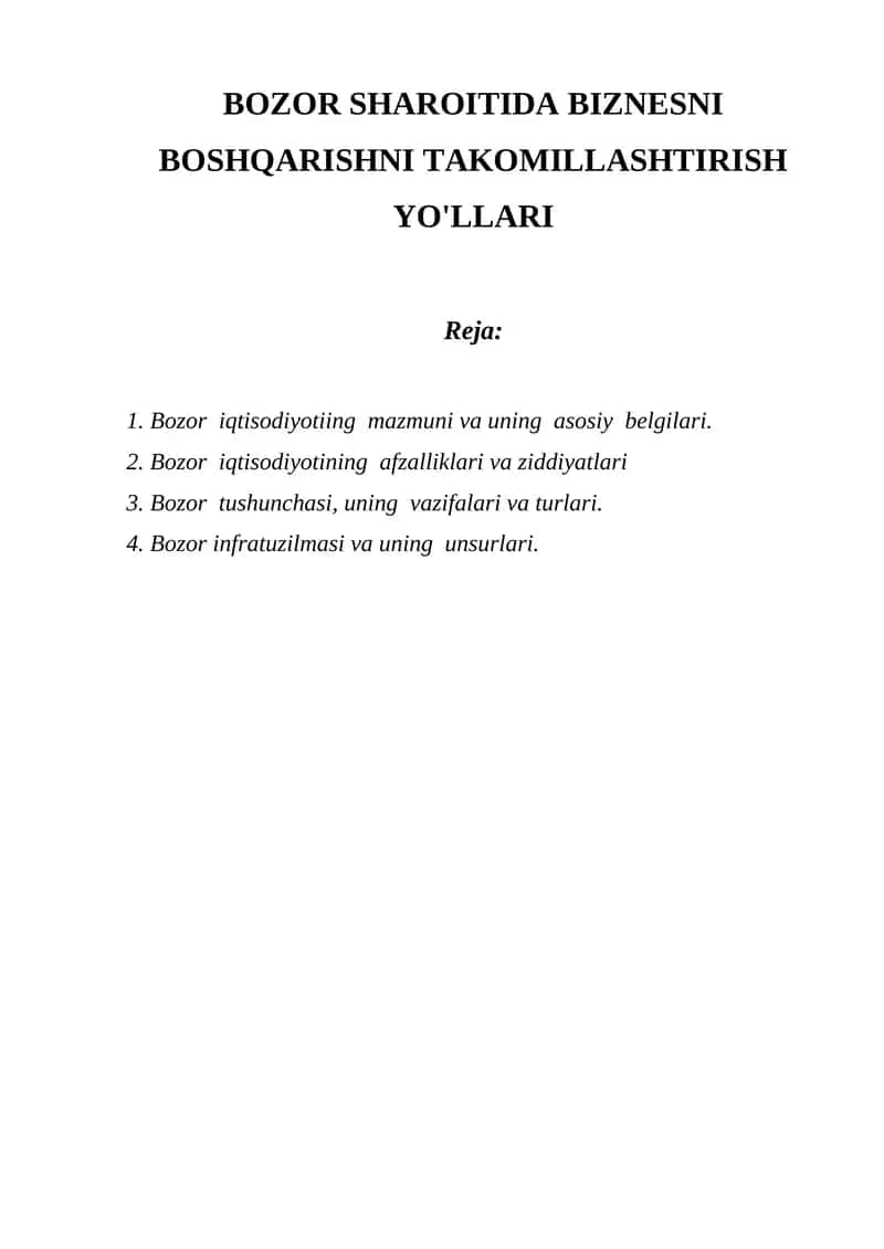Bozor Sharoitida Biznesni Boshqarishni Takomillashtirish Yo'llari