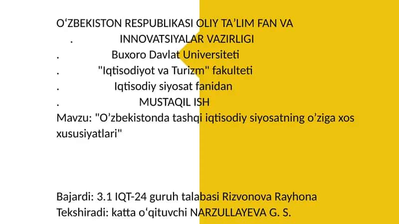 O’zbekistonda tashqi iqtisodiy siyosatning o’ziga xos xususiyatlari