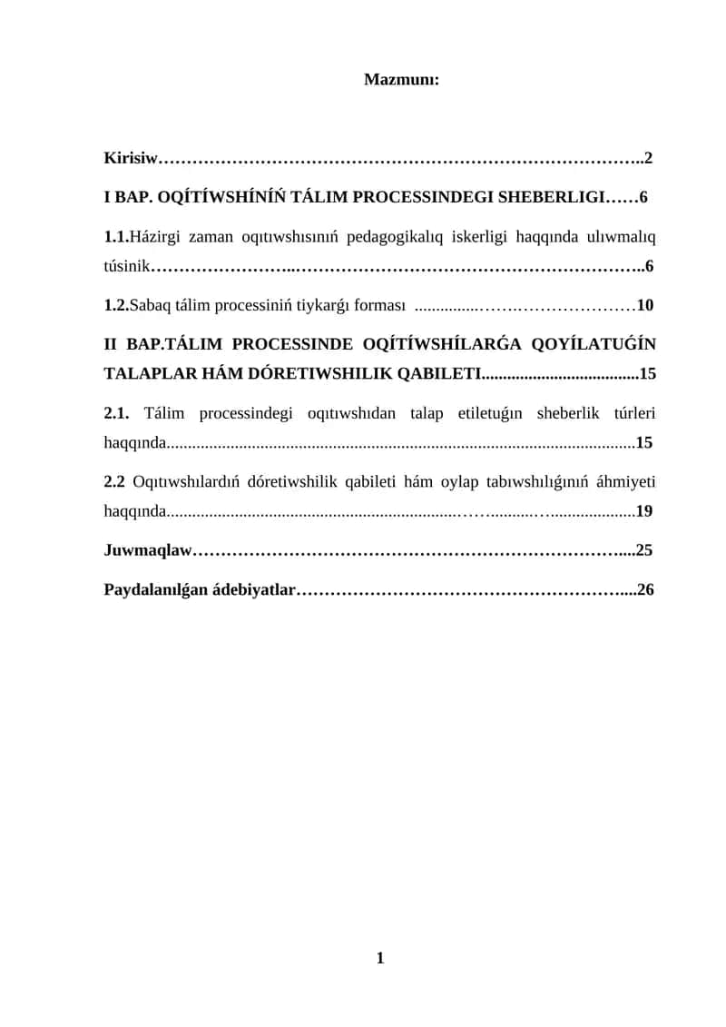 KURS JUMISI OQÍTÍWSHÍNÍŃ TÁLIM PROCESSINDEGI SHEBERLIGI