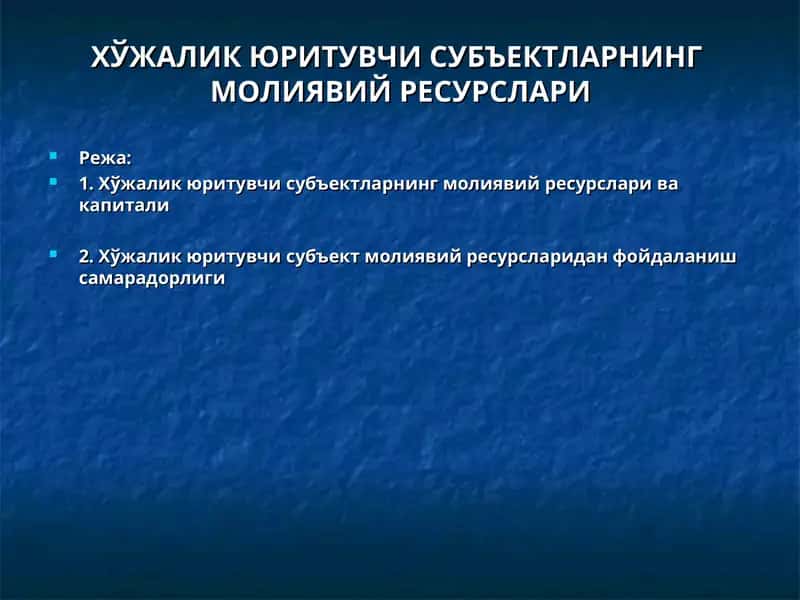 ХЎЖАЛИК ЮРИТУВЧИ СУБЪЕКТЛАРНИНГ МОЛИЯВИЙ РЕСУРСЛАРИ