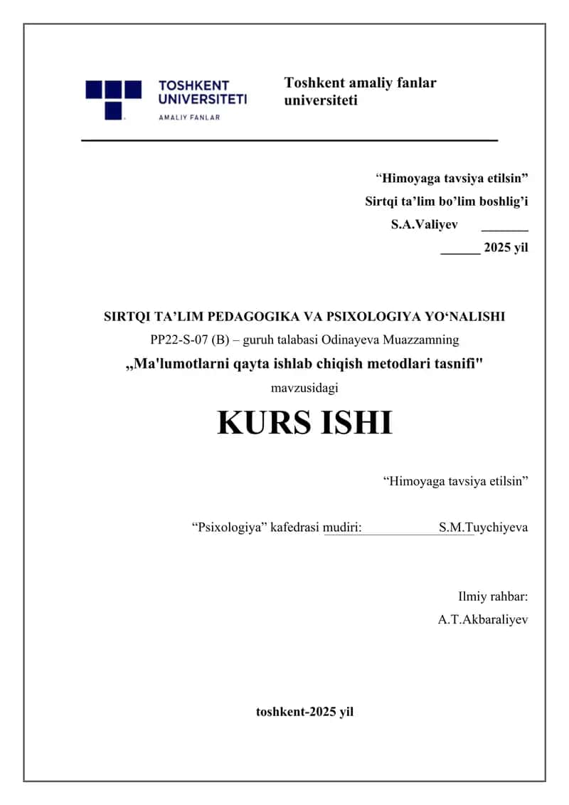 Ma'lumotlarni qayta ishlab chiqish metodlari tasnifi