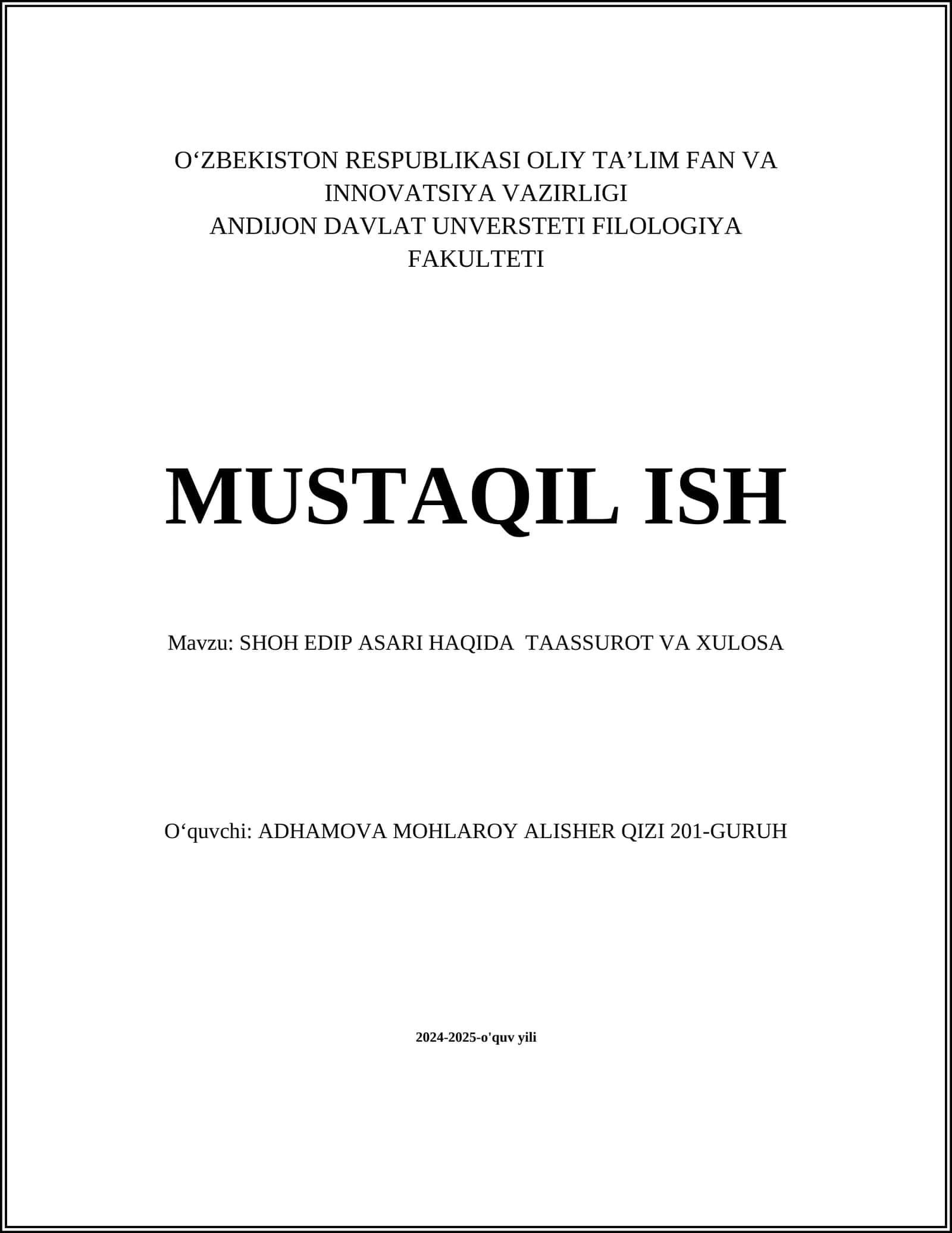 SHOH EDIP ASARI HAQIDA TAASSUROT VA XULOSA